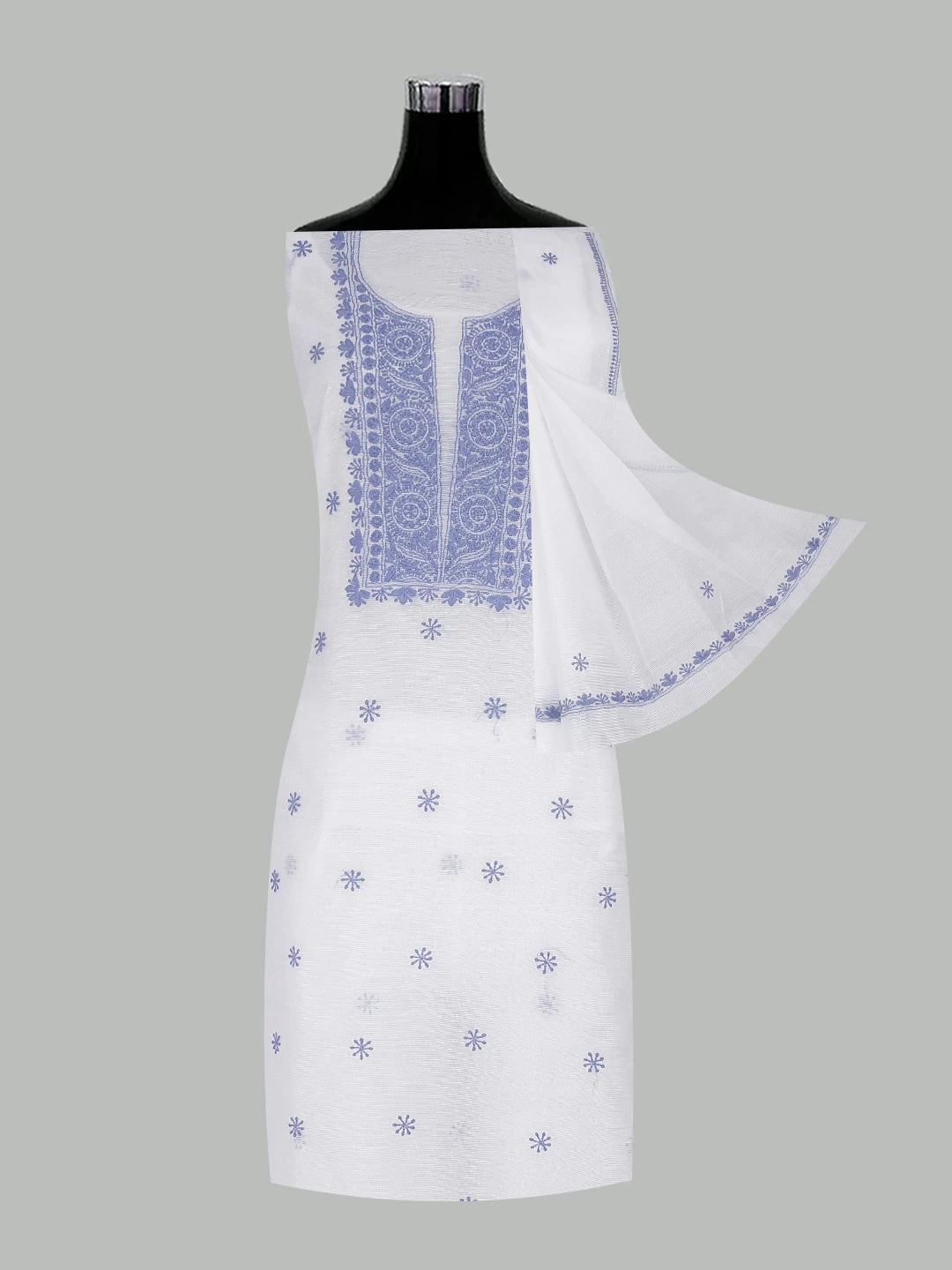 Ada Hand Embroidered White Super Net Lucknowi Chikankari Unstitched Kurta Dupatta Set 01A466473