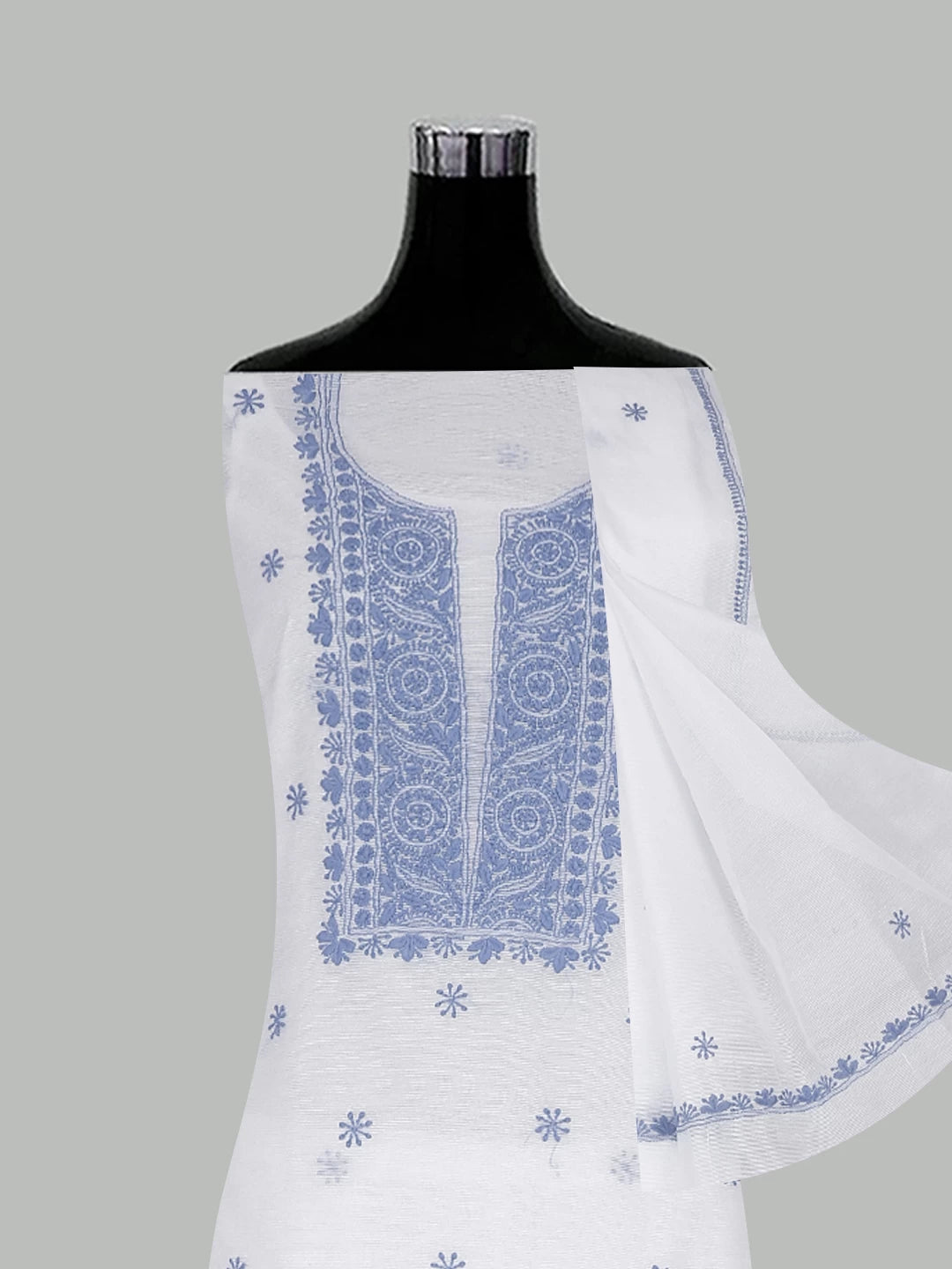 Ada Hand Embroidered White Super Net Lucknowi Chikankari Unstitched Kurta Dupatta Set 01A466473