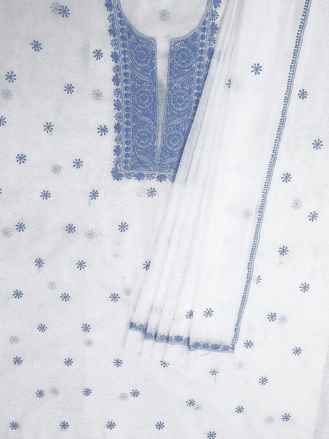 Ada Hand Embroidered White Super Net Lucknowi Chikankari Unstitched Kurta Dupatta Set 01A466473
