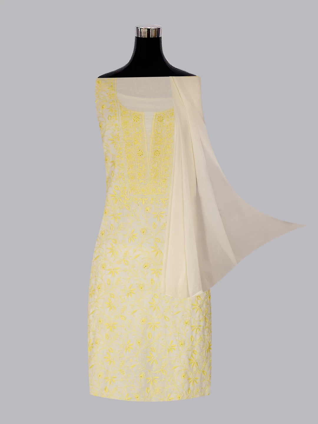 Ada Hand Embroidered Lemon Cotton Lucknowi Chikankari Unstitched Suit Piece 01A392072
