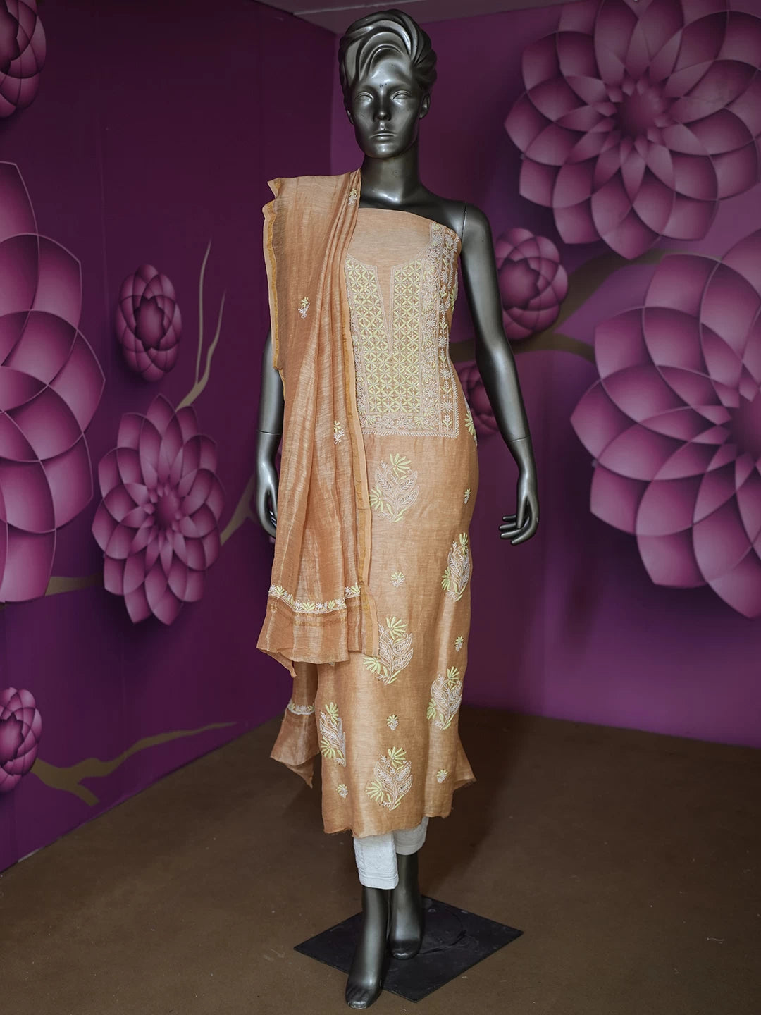 Ada Hand Embroidered Peach Chanderi Lucknowi Chikankari Unstitched Kurta Dupatta Set With Mukaish Work 01A418446