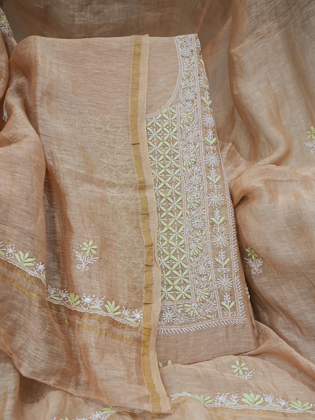 Ada Hand Embroidered Peach Chanderi Lucknowi Chikankari Unstitched Kurta Dupatta Set With Mukaish Work 01A418446