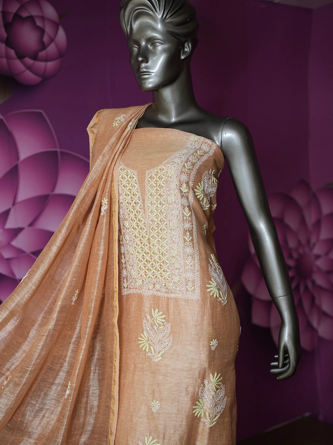 Ada Hand Embroidered Peach Chanderi Lucknowi Chikankari Unstitched Kurta Dupatta Set With Mukaish Work 01A418446