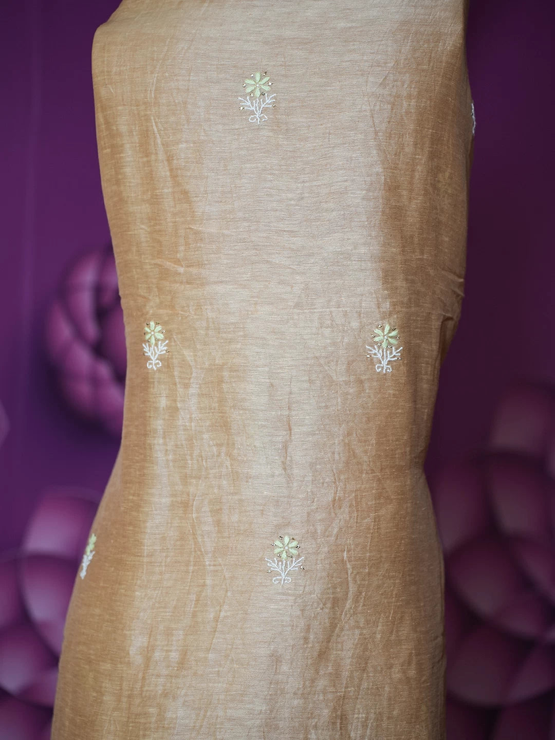 Ada Hand Embroidered Peach Chanderi Lucknowi Chikankari Unstitched Kurta Dupatta Set With Mukaish Work 01A418446