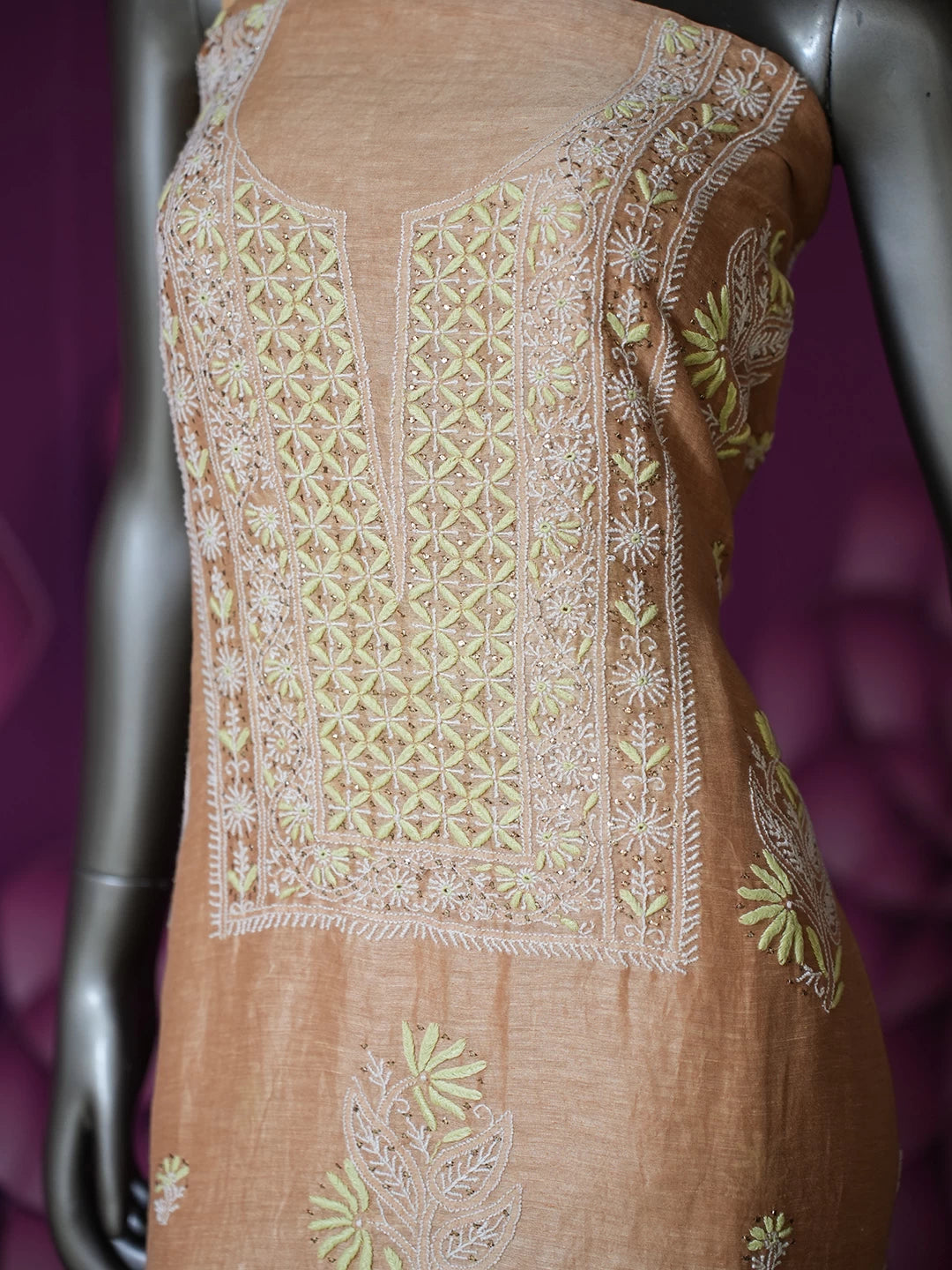 Ada Hand Embroidered Peach Chanderi Lucknowi Chikankari Unstitched Kurta Dupatta Set With Mukaish Work 01A418446