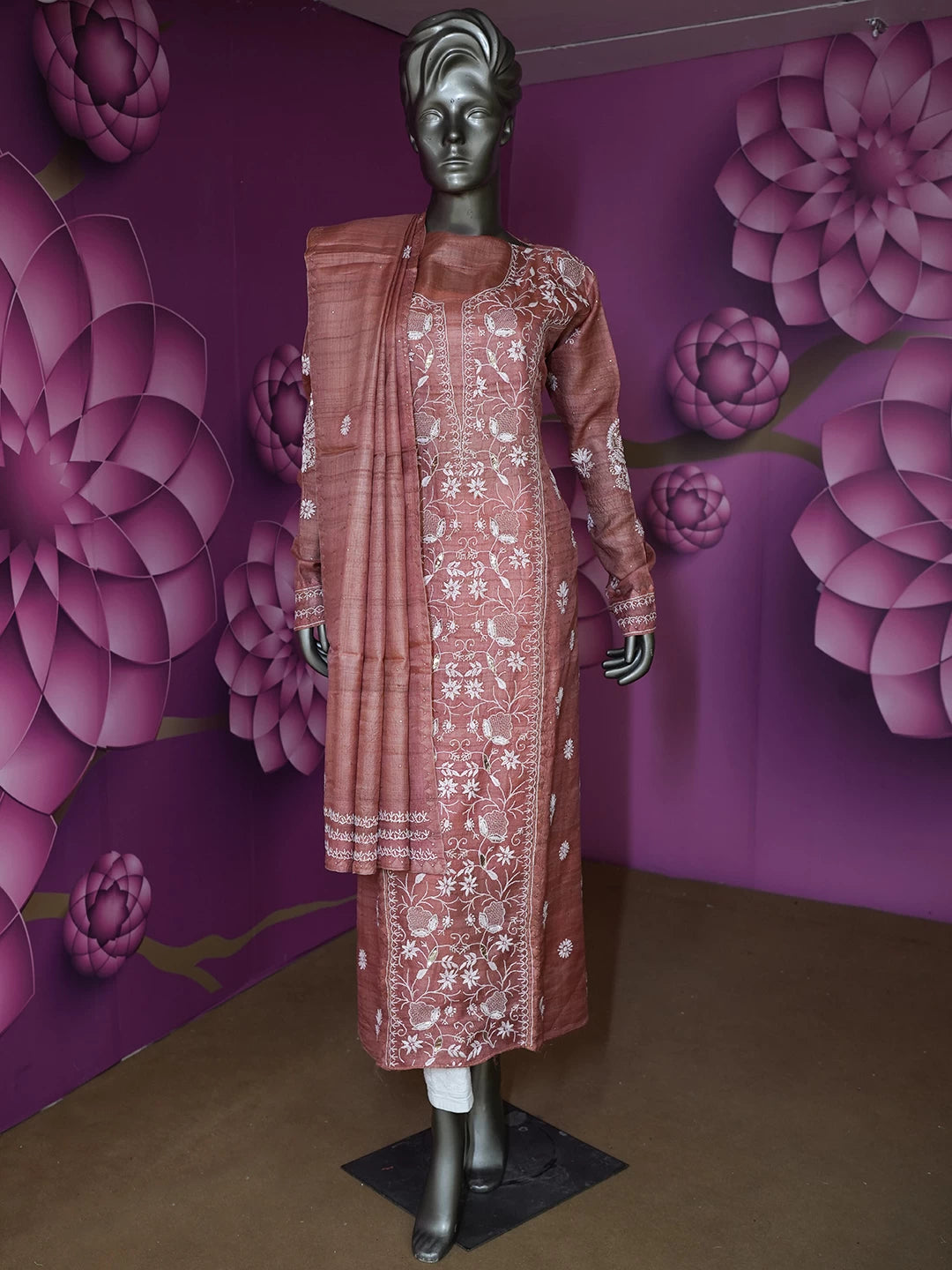 Ada Hand Embroidered Rust Silk Lucknowi Chikankari Semi stitched Kurta Dupatta Set With Muqaish Work 01A359700