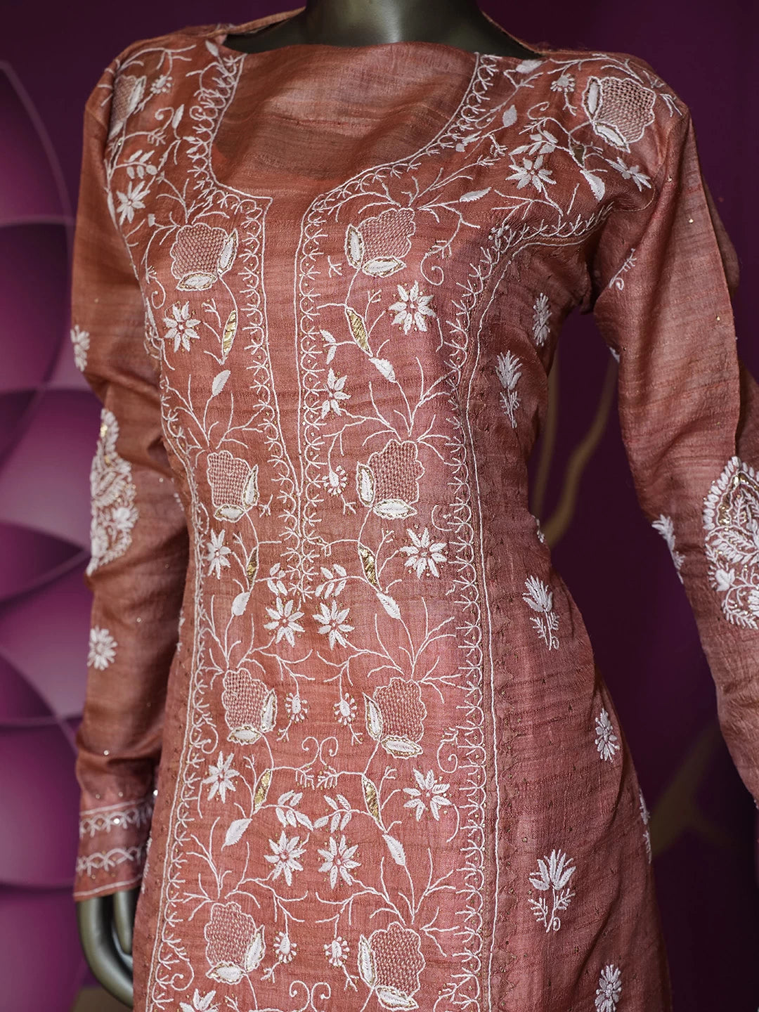 Ada Hand Embroidered Rust Silk Lucknowi Chikankari Semi stitched Kurta Dupatta Set With Muqaish Work 01A359700
