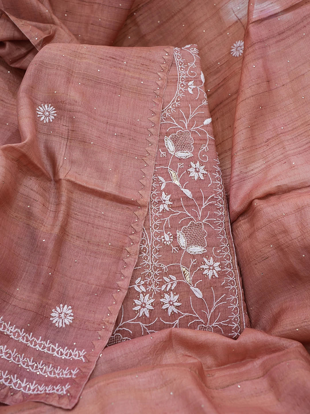 Ada Hand Embroidered Rust Silk Lucknowi Chikankari Semi stitched Kurta Dupatta Set With Muqaish Work 01A359700