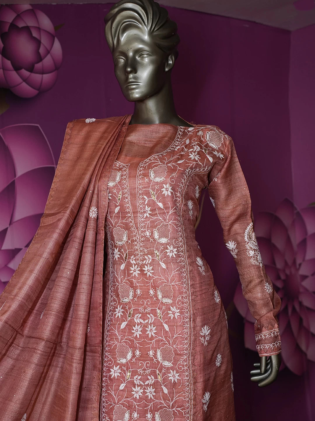 Ada Hand Embroidered Rust Silk Lucknowi Chikankari Semi stitched Kurta Dupatta Set With Muqaish Work 01A359700