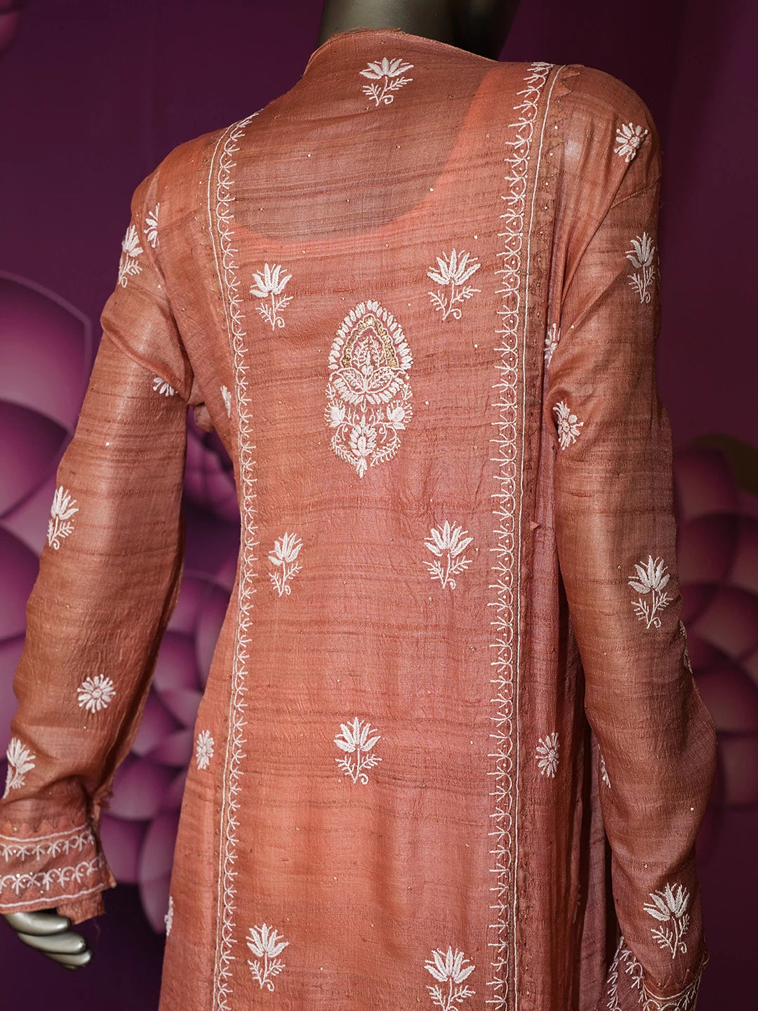 Ada Hand Embroidered Rust Silk Lucknowi Chikankari Semi stitched Kurta Dupatta Set With Muqaish Work 01A359700