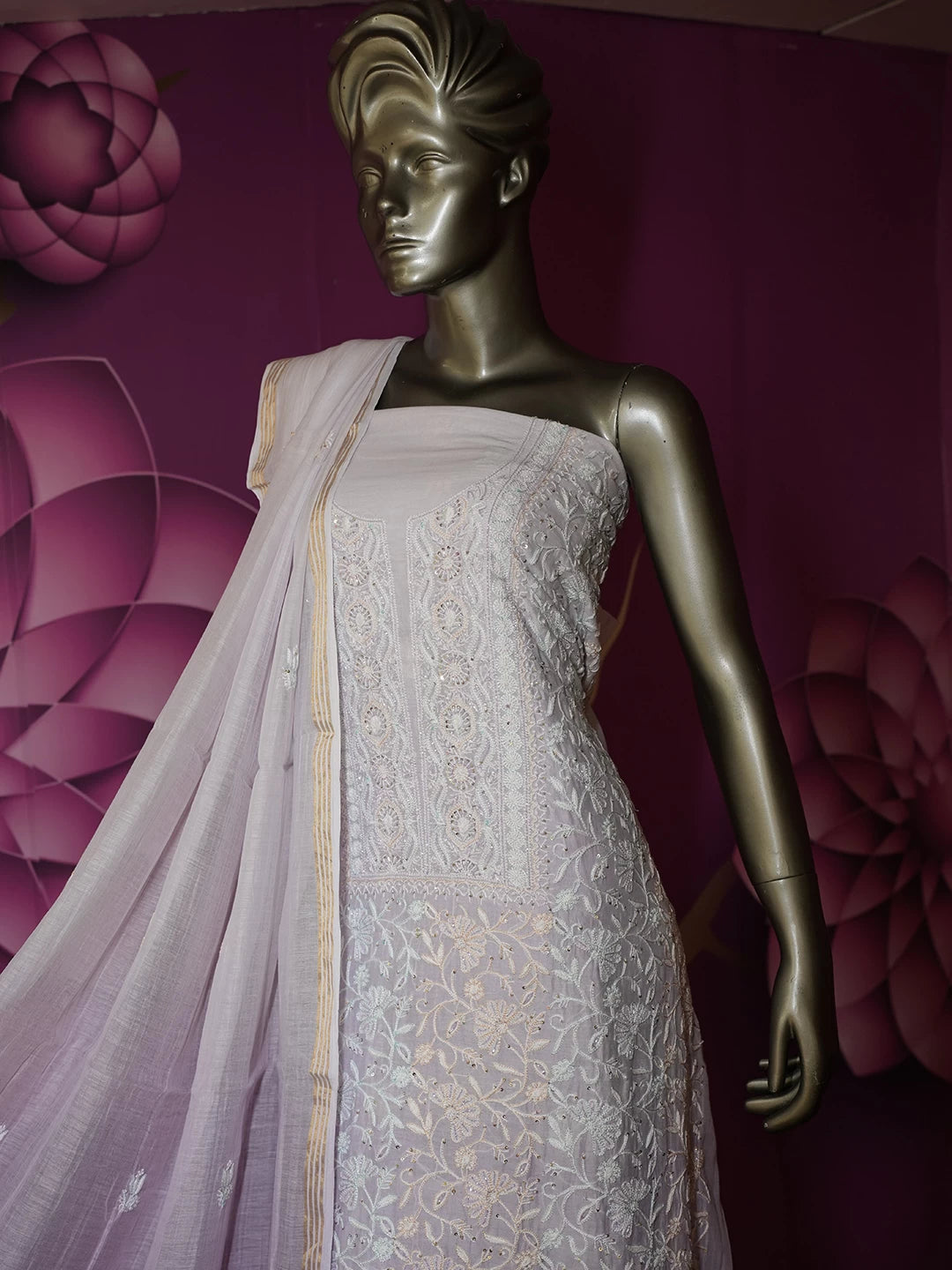 Ada Hand Embroidered Mauve Ombre Shade Chanderi Lucknowi Chikankari Semi stitched Kurta Dupatta Set With Cutdana Work 01A429576