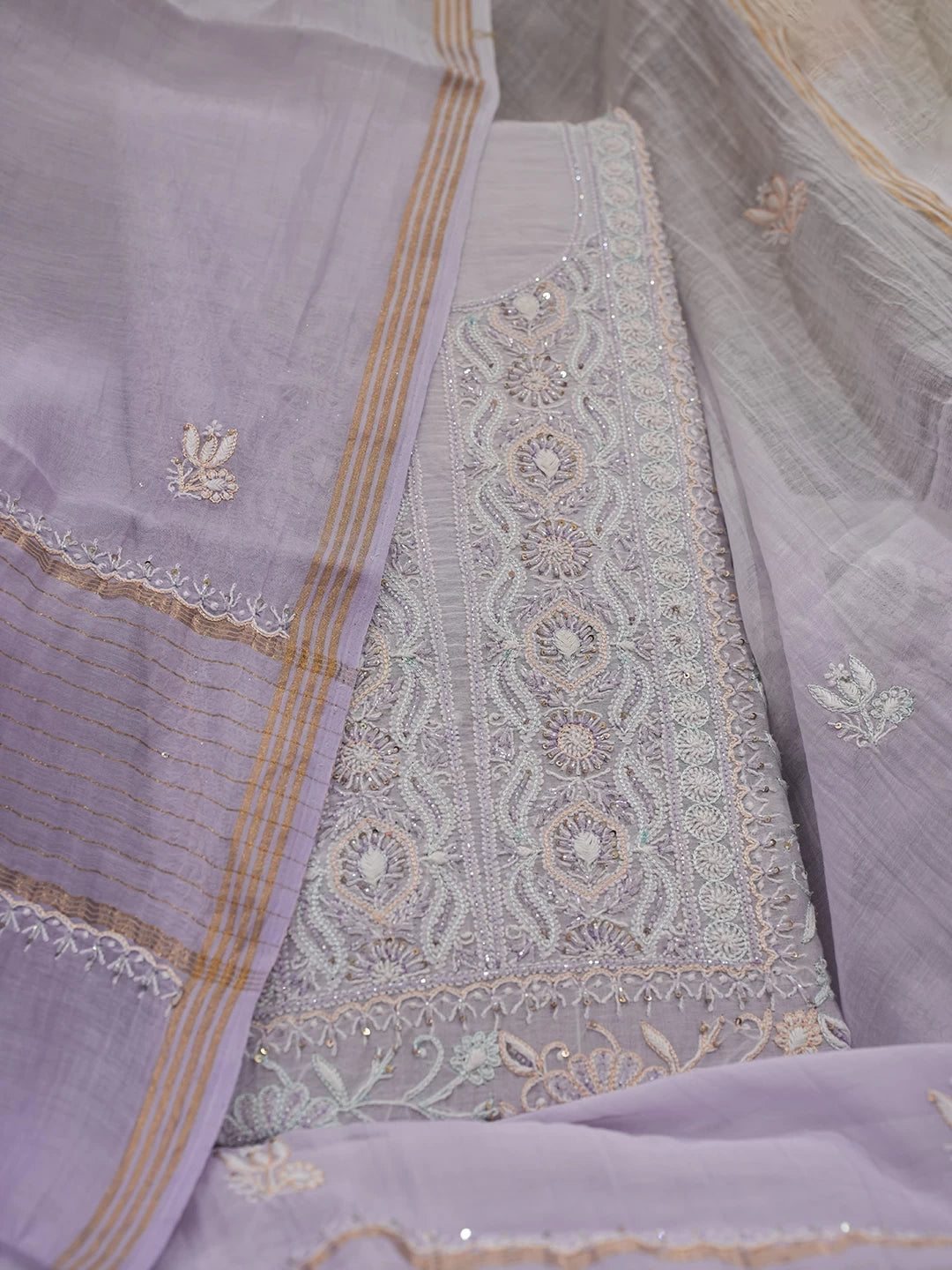 Ada Hand Embroidered Mauve Ombre Shade Chanderi Lucknowi Chikankari Semi stitched Kurta Dupatta Set With Cutdana Work 01A429576