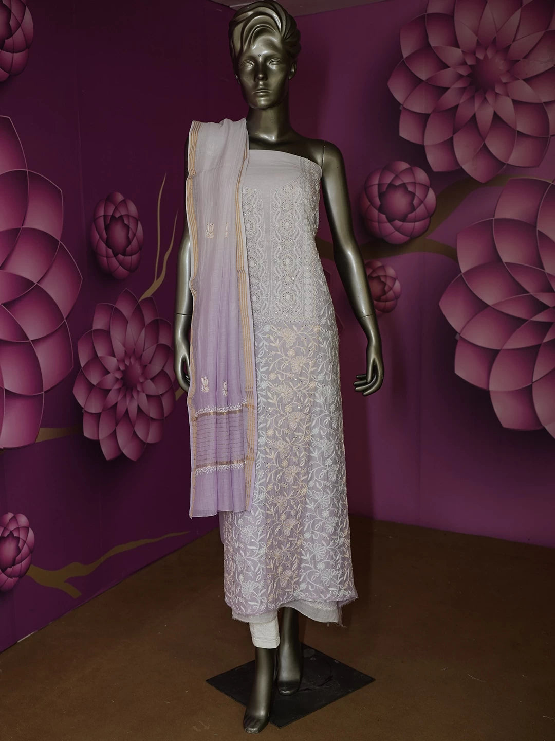 Ada Hand Embroidered Mauve Ombre Shade Chanderi Lucknowi Chikankari Semi stitched Kurta Dupatta Set With Cutdana Work 01A429576