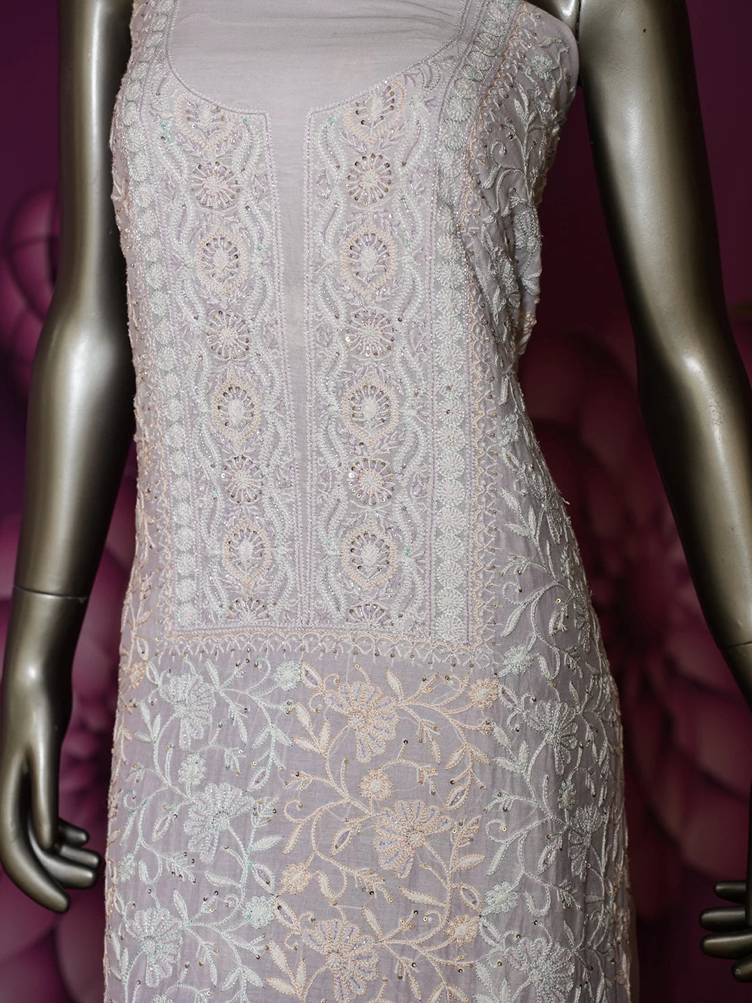 Ada Hand Embroidered Mauve Ombre Shade Chanderi Lucknowi Chikankari Semi stitched Kurta Dupatta Set With Cutdana Work 01A429576