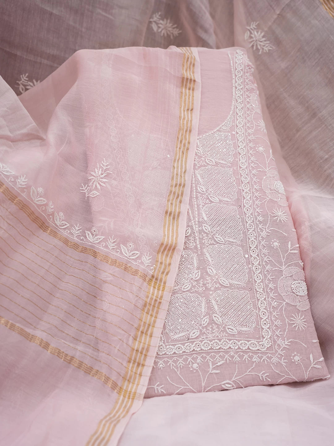 Ada Hand Embroidered Pink Chanderi Lucknowi Chikankari Semi-stitched Kurta Dupatta Set 01A455601