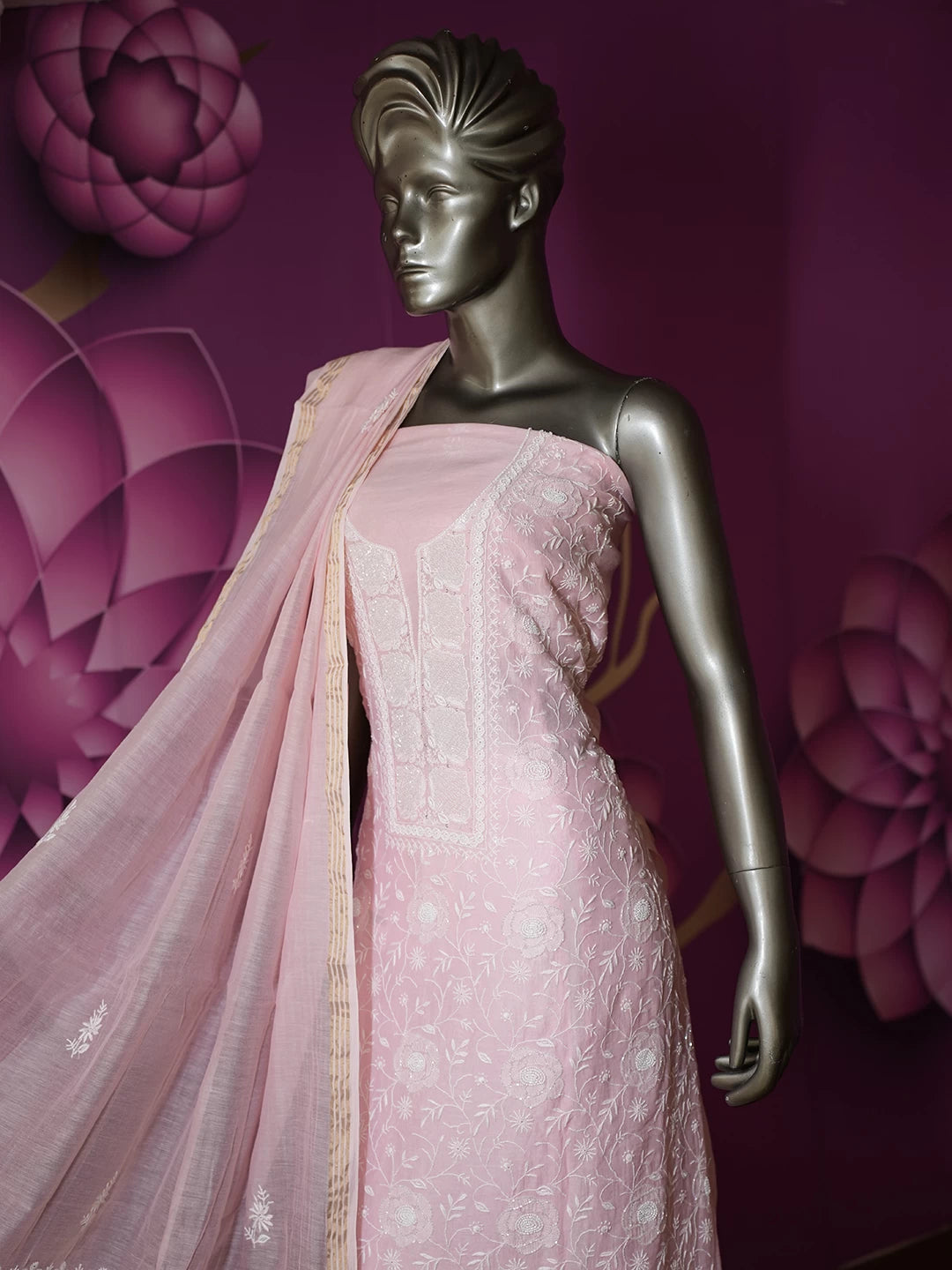 Ada Hand Embroidered Pink Chanderi Lucknowi Chikankari Semi-stitched Kurta Dupatta Set 01A455601