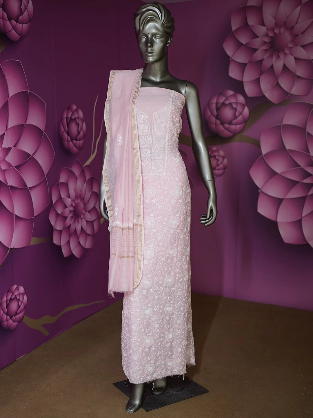 Ada Hand Embroidered Pink Chanderi Lucknowi Chikankari Semi-stitched Kurta Dupatta Set 01A455601