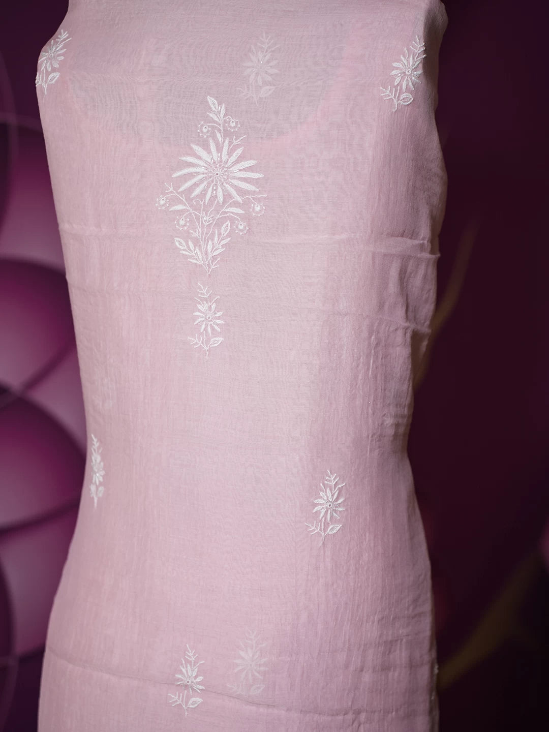 Ada Hand Embroidered Pink Chanderi Lucknowi Chikankari Semi-stitched Kurta Dupatta Set 01A455601
