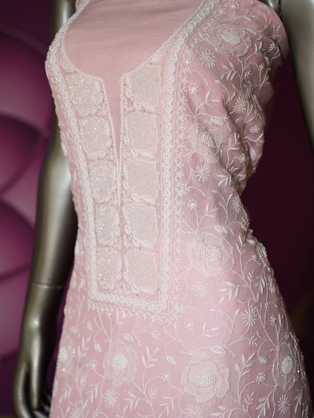 Ada Hand Embroidered Pink Chanderi Lucknowi Chikankari Semi-stitched Kurta Dupatta Set 01A455601