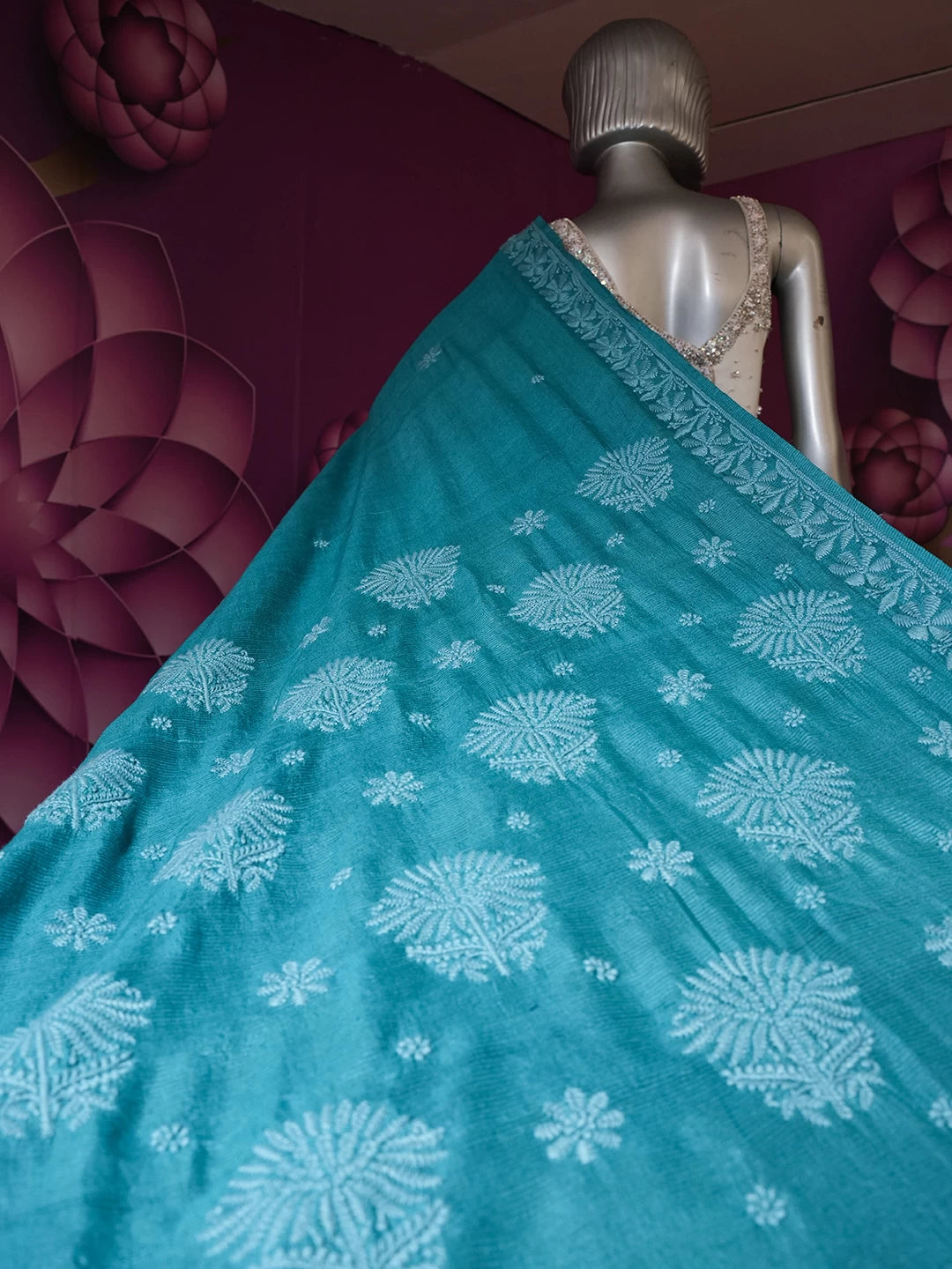 Ada Hand Embroidered Blue Silk Lucknowi Chikankari Saree With Blouse 01A441377