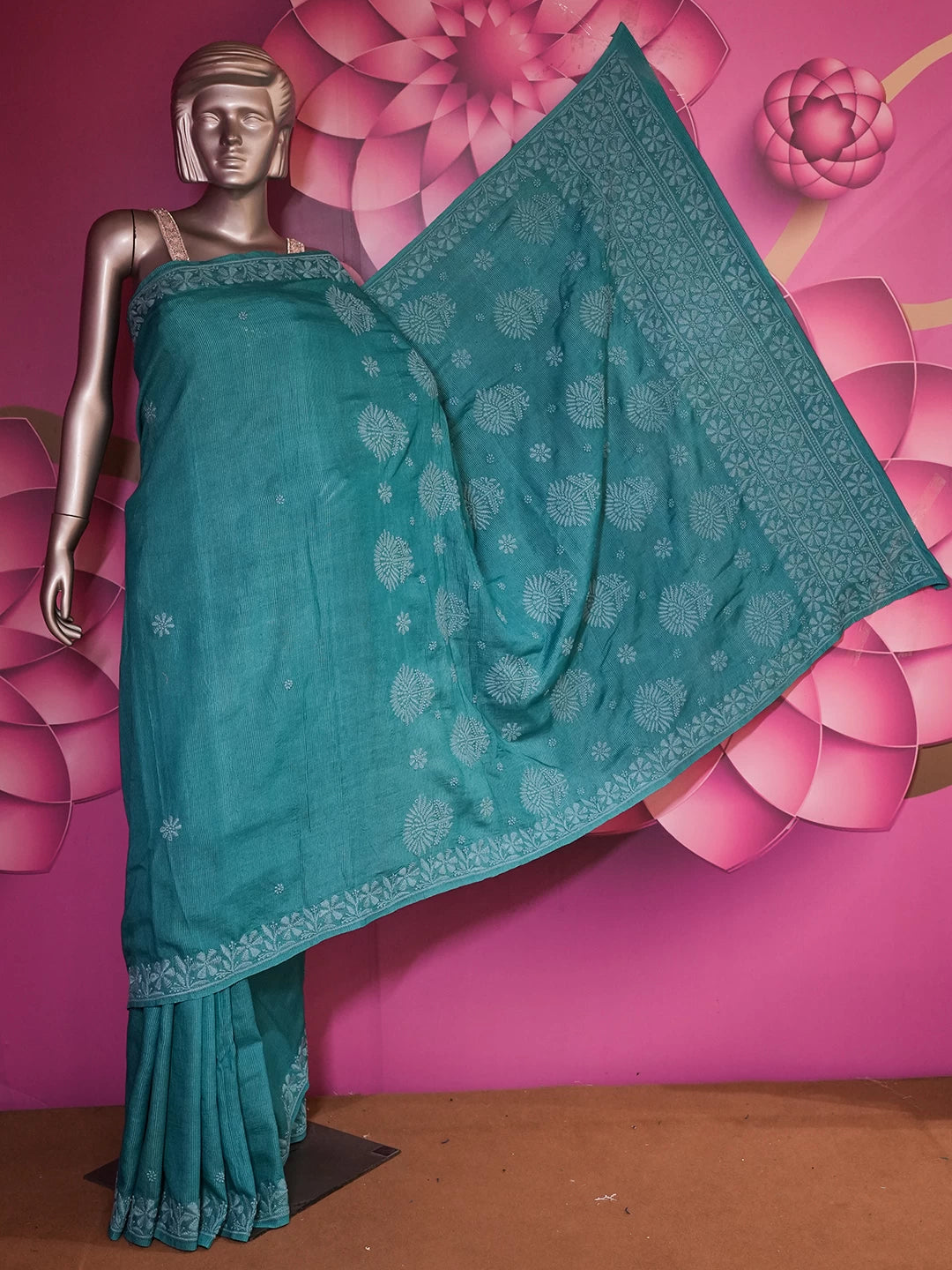 Ada Hand Embroidered Blue Silk Lucknowi Chikankari Saree With Blouse 01A441377