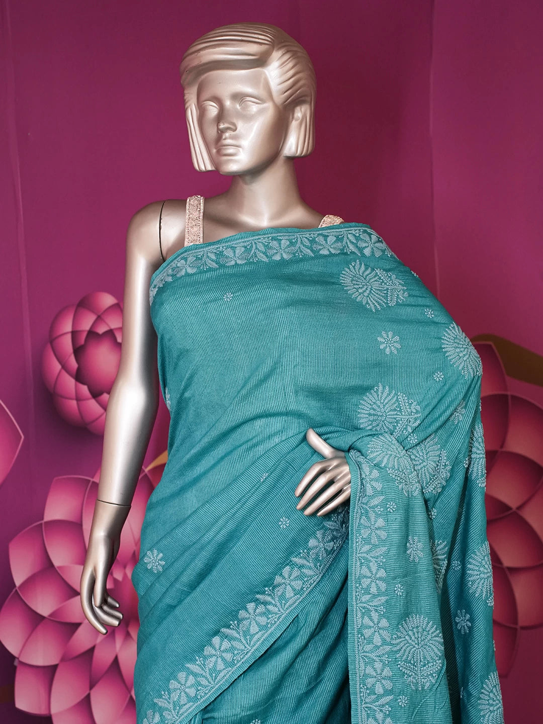 Ada Hand Embroidered Blue Silk Lucknowi Chikankari Saree With Blouse 01A441377