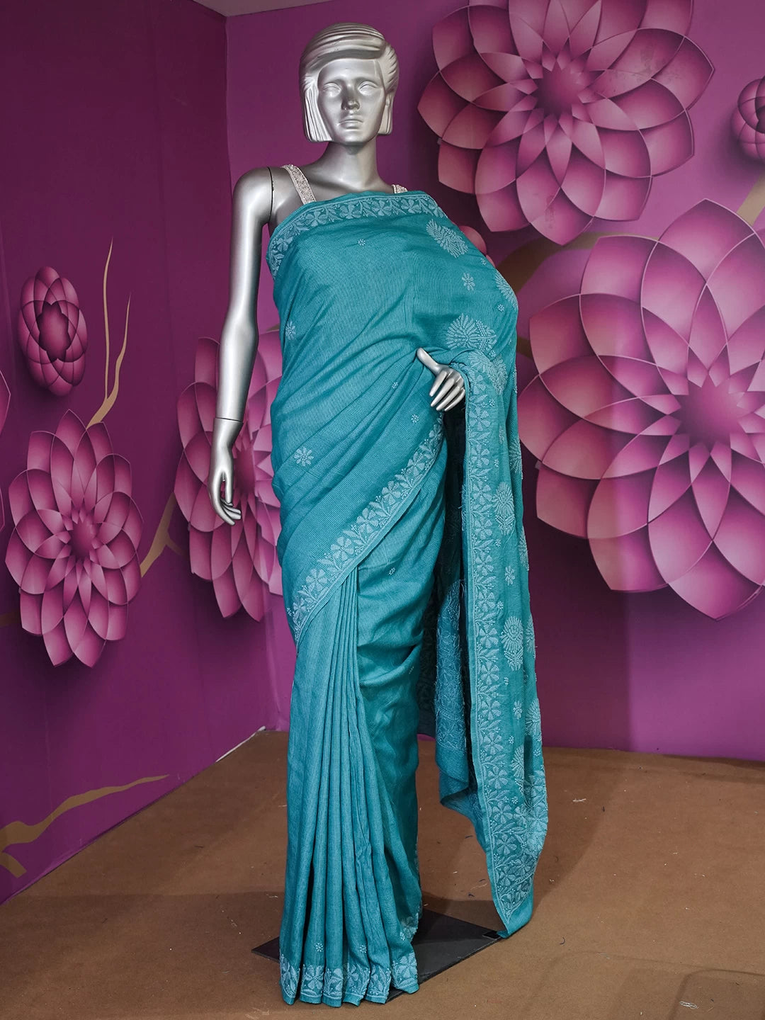 Ada Hand Embroidered Blue Silk Lucknowi Chikankari Saree With Blouse 01A441377