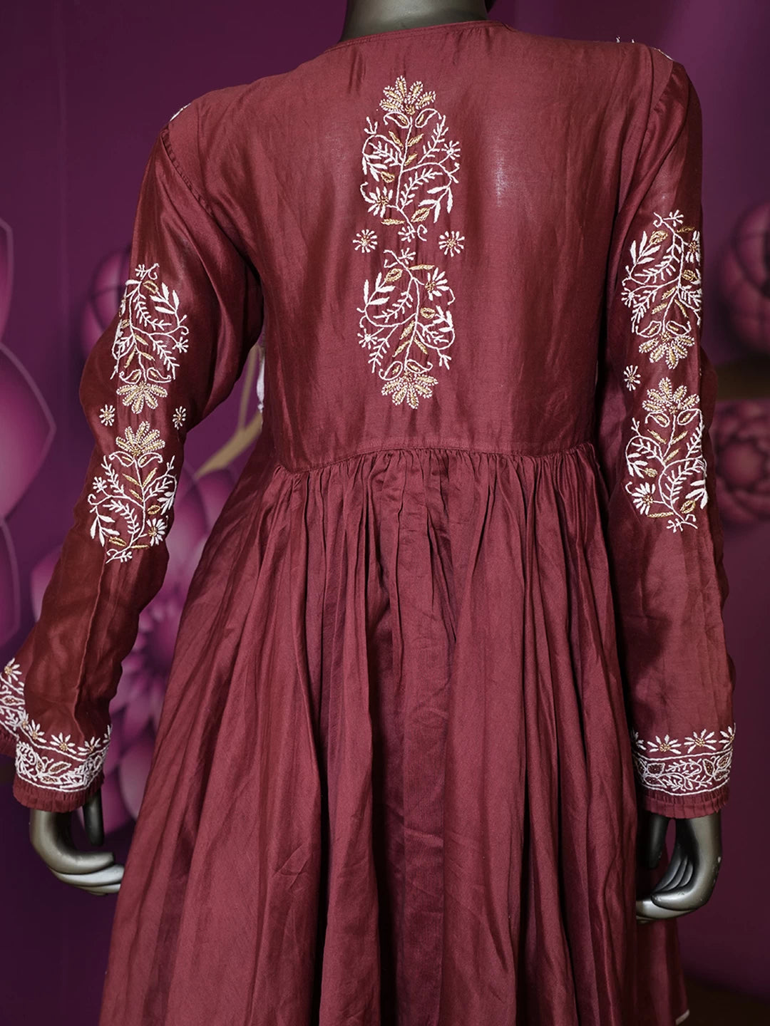 Ada Hand Embroidered Maroon Chanderi Lucknowi Chikankari Semi Stitched Co-Ord Set With Zari Work 01A417343