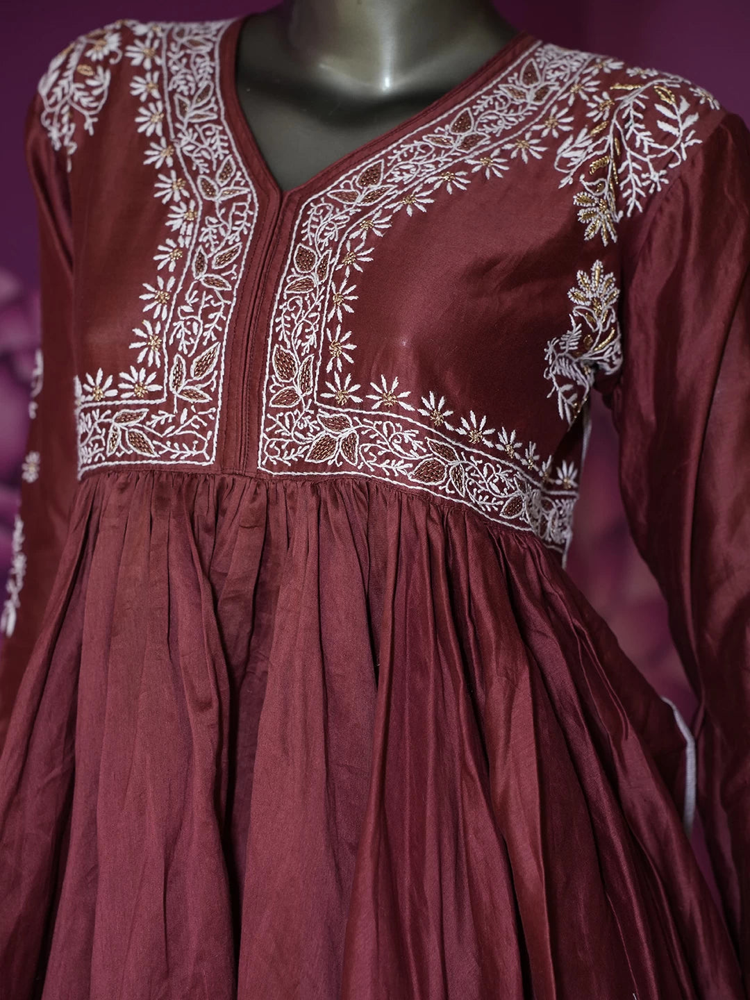 Ada Hand Embroidered Maroon Chanderi Lucknowi Chikankari Semi Stitched Co-Ord Set With Zari Work 01A417343