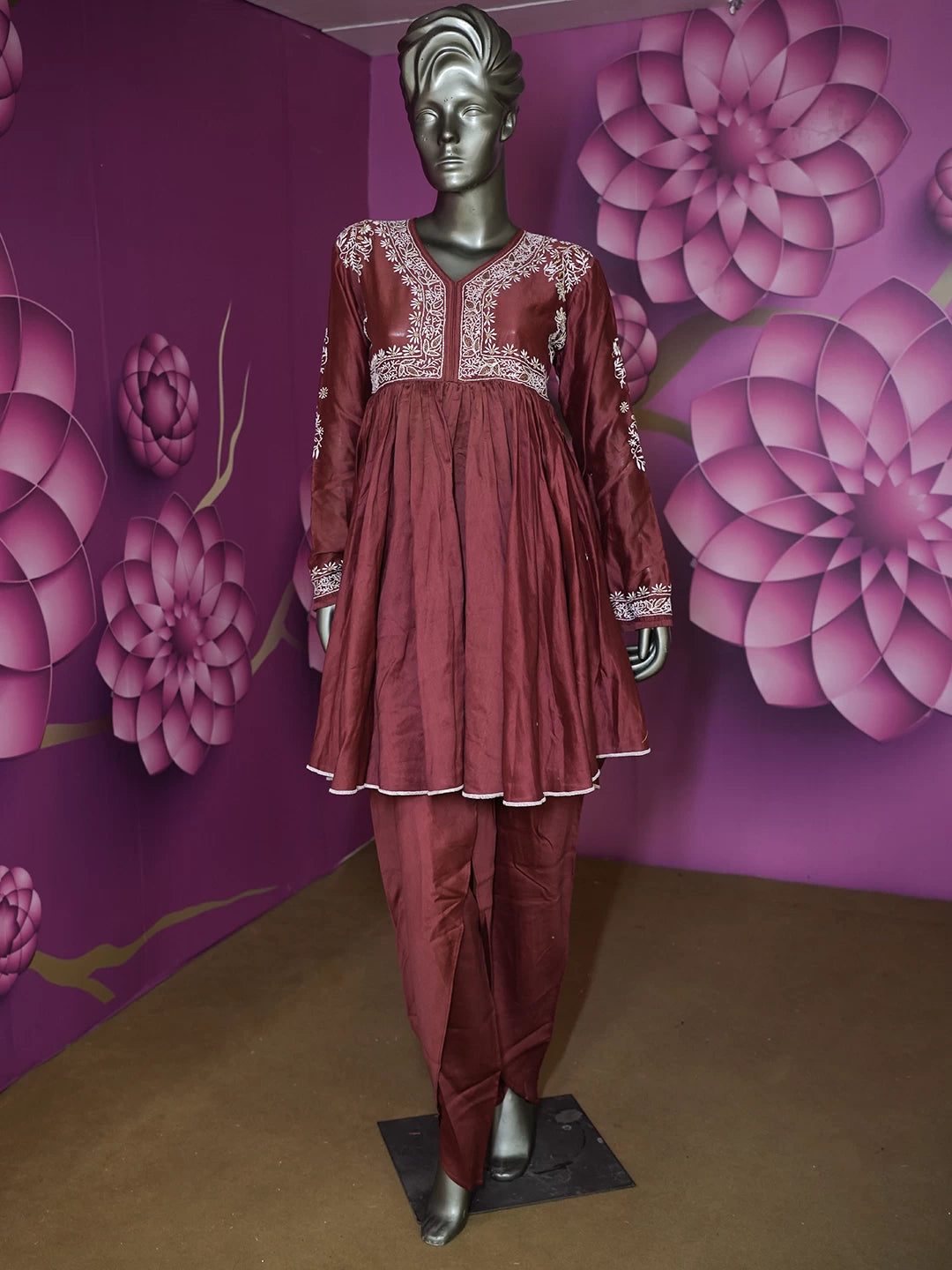 Ada Hand Embroidered Maroon Chanderi Lucknowi Chikankari Semi Stitched Co-Ord Set With Zari Work 01A417343