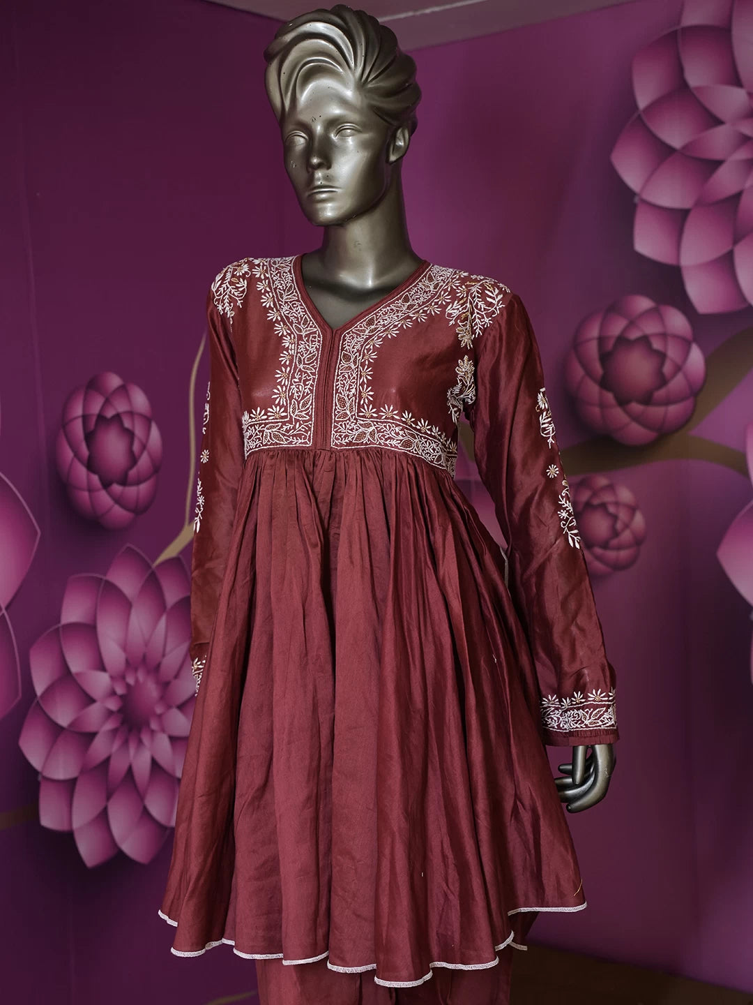 Ada Hand Embroidered Maroon Chanderi Lucknowi Chikankari Semi Stitched Co-Ord Set With Zari Work 01A417343