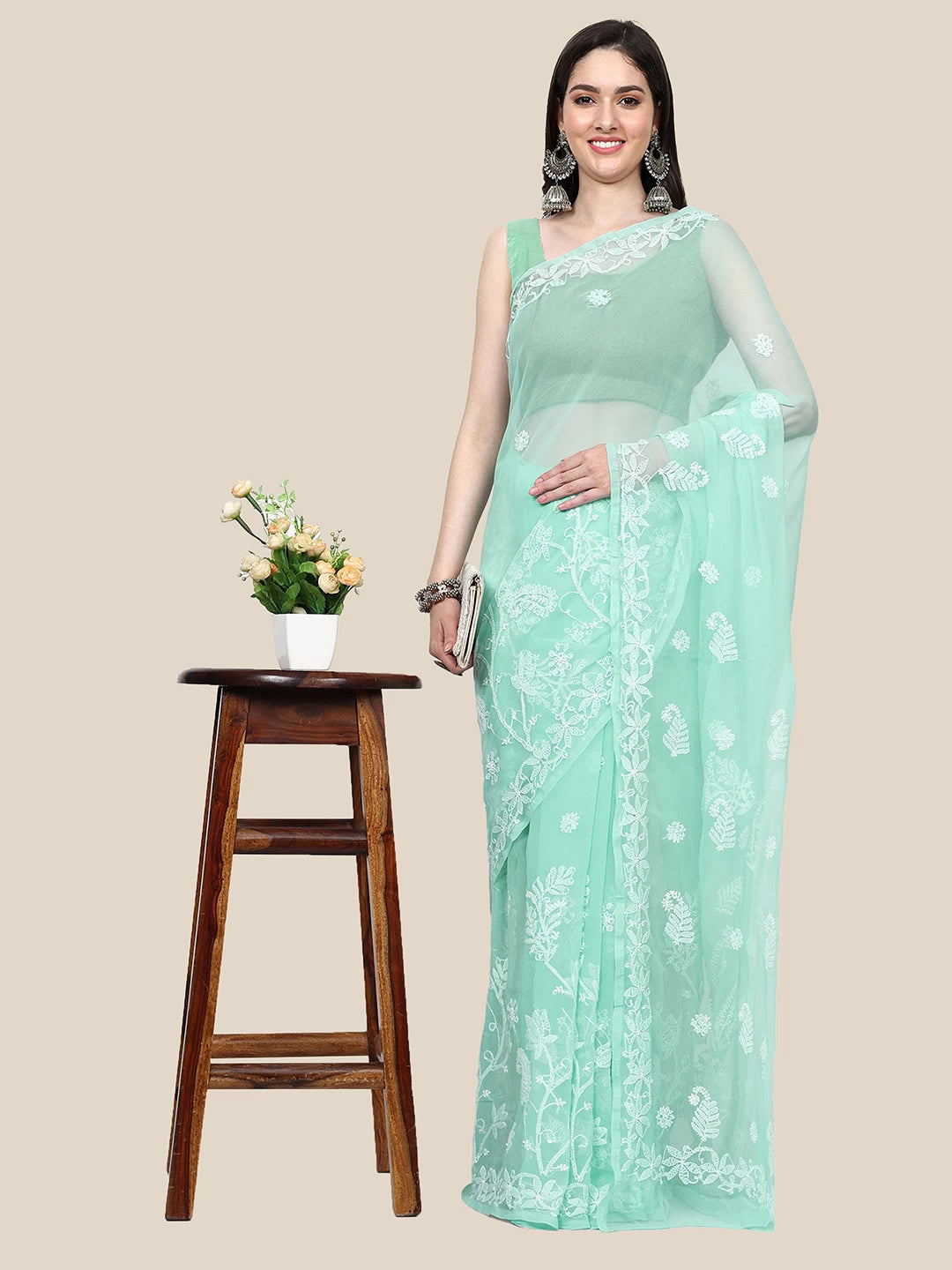 Ada Hand Embroidered Sea Green Goergette Lucknowi Chikankari Saree with Blouse A311372