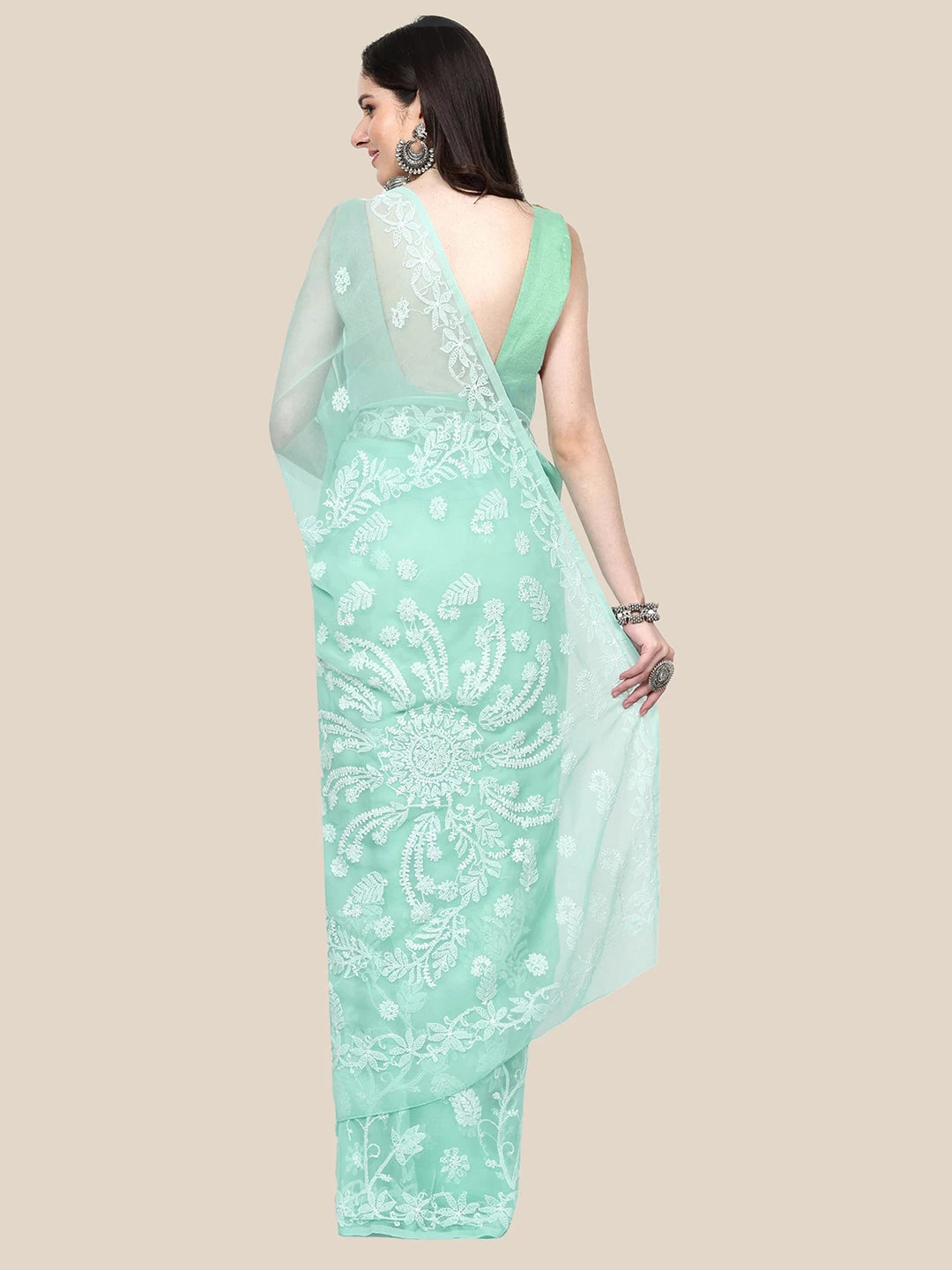 Ada Hand Embroidered Sea Green Goergette Lucknowi Chikankari Saree with Blouse A311372