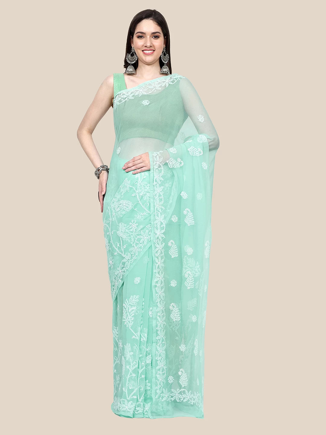 Ada Hand Embroidered Sea Green Goergette Lucknowi Chikankari Saree with Blouse A311372