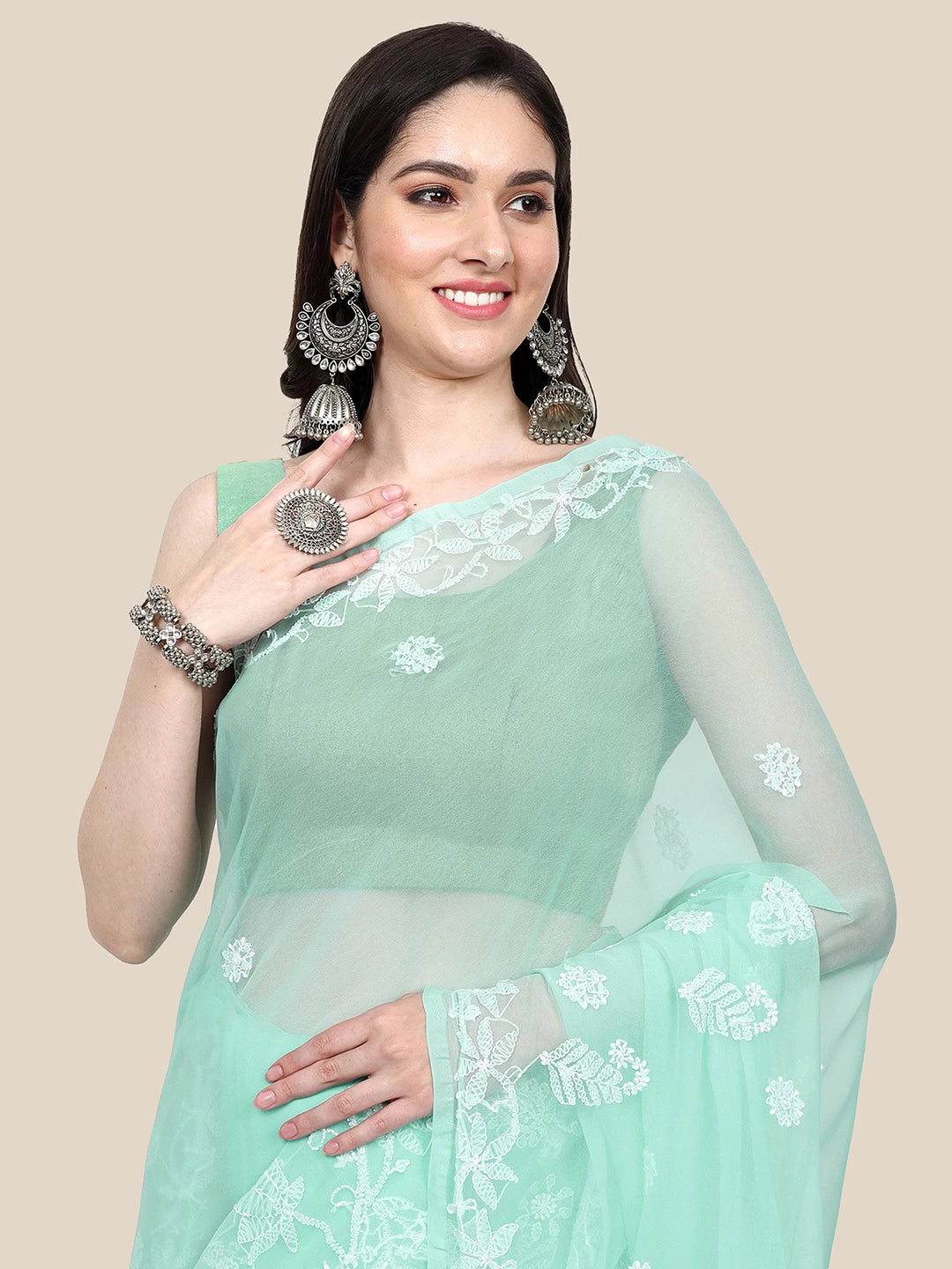 Ada Hand Embroidered Sea Green Goergette Lucknowi Chikankari Saree with Blouse A311372