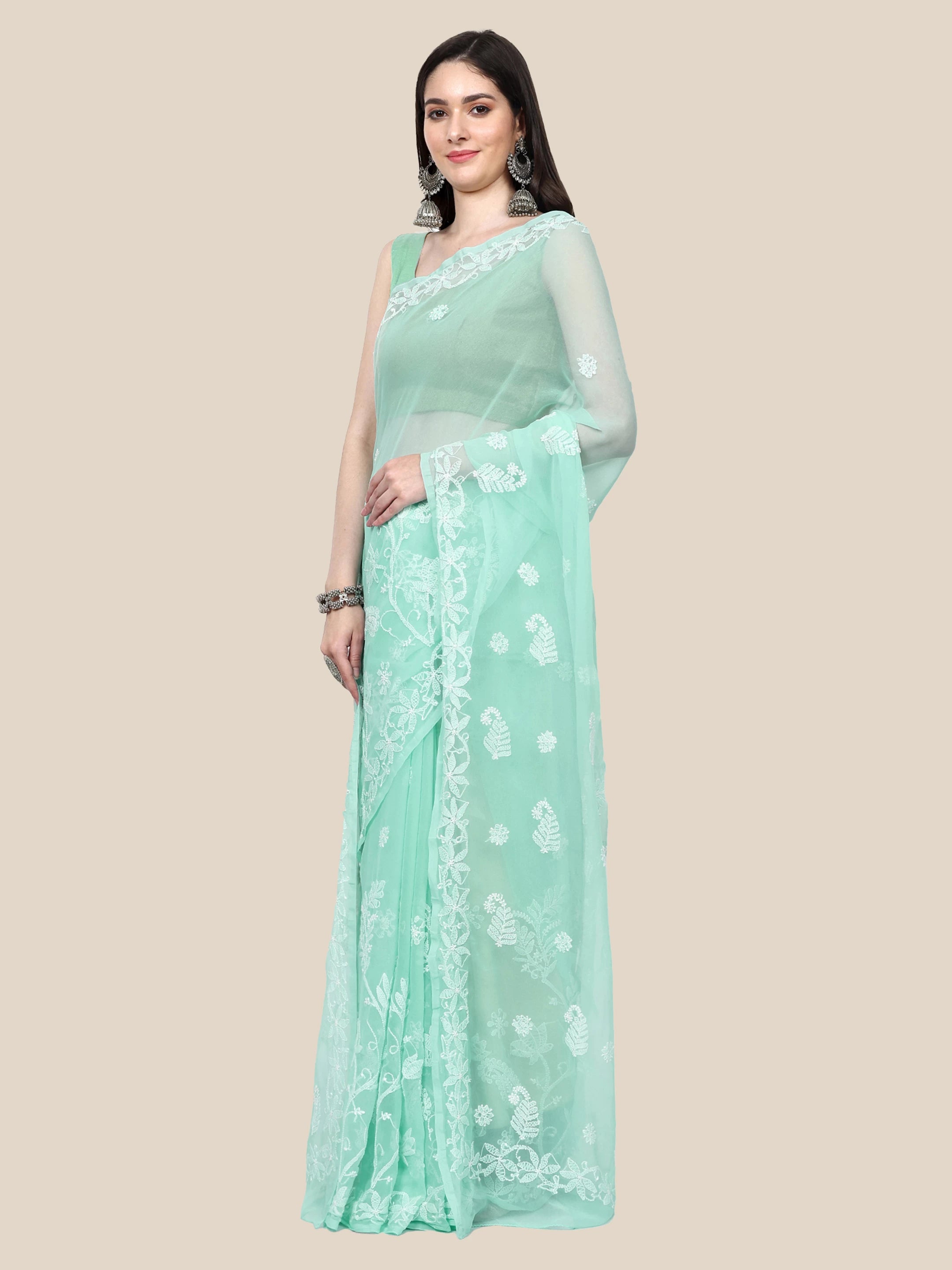 Ada Hand Embroidered Sea Green Goergette Lucknowi Chikankari Saree with Blouse A311372