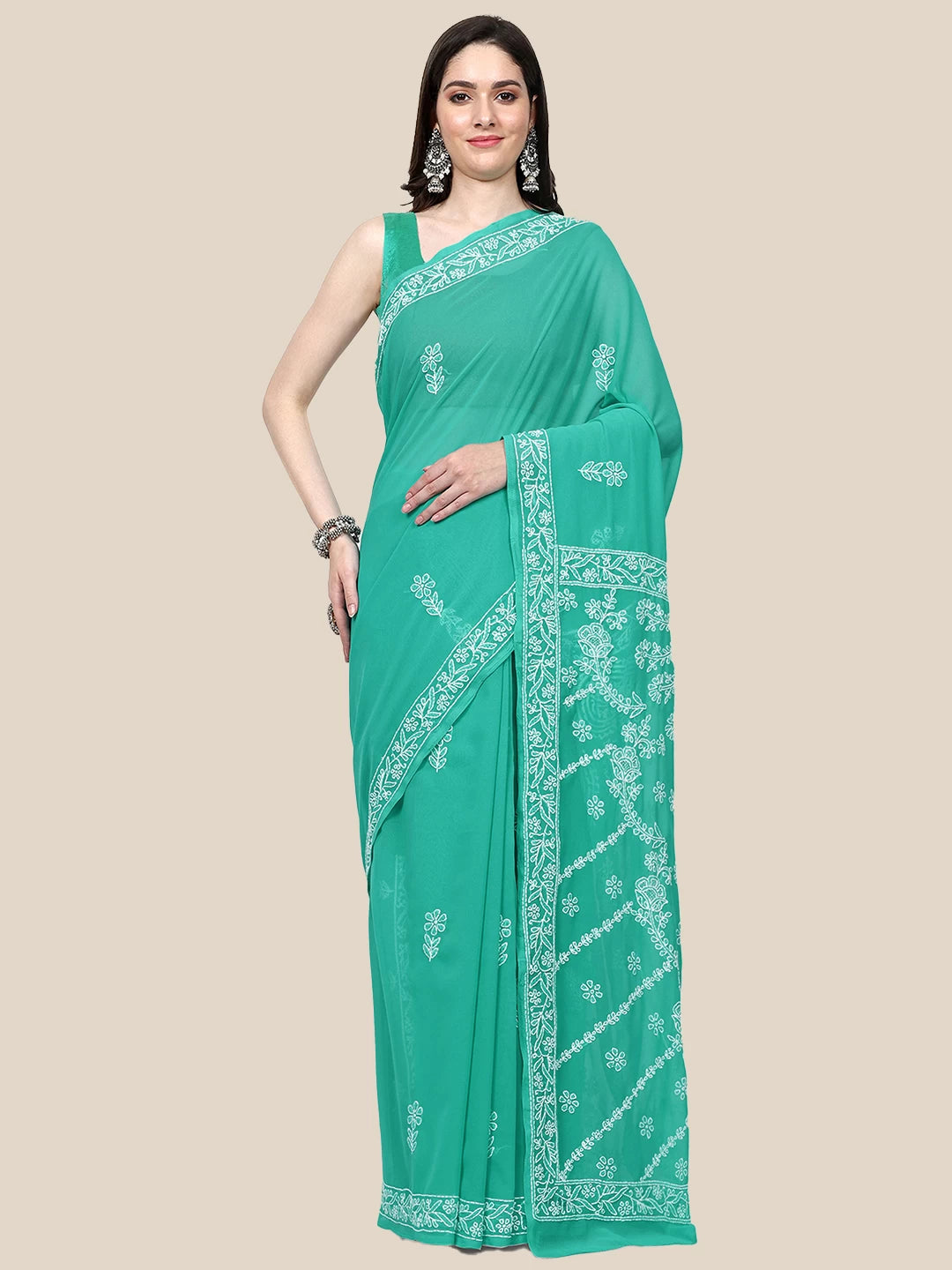Ada Hand Embroidered Green Georgette Lucknowi Chikankari Saree with Blouse A311367