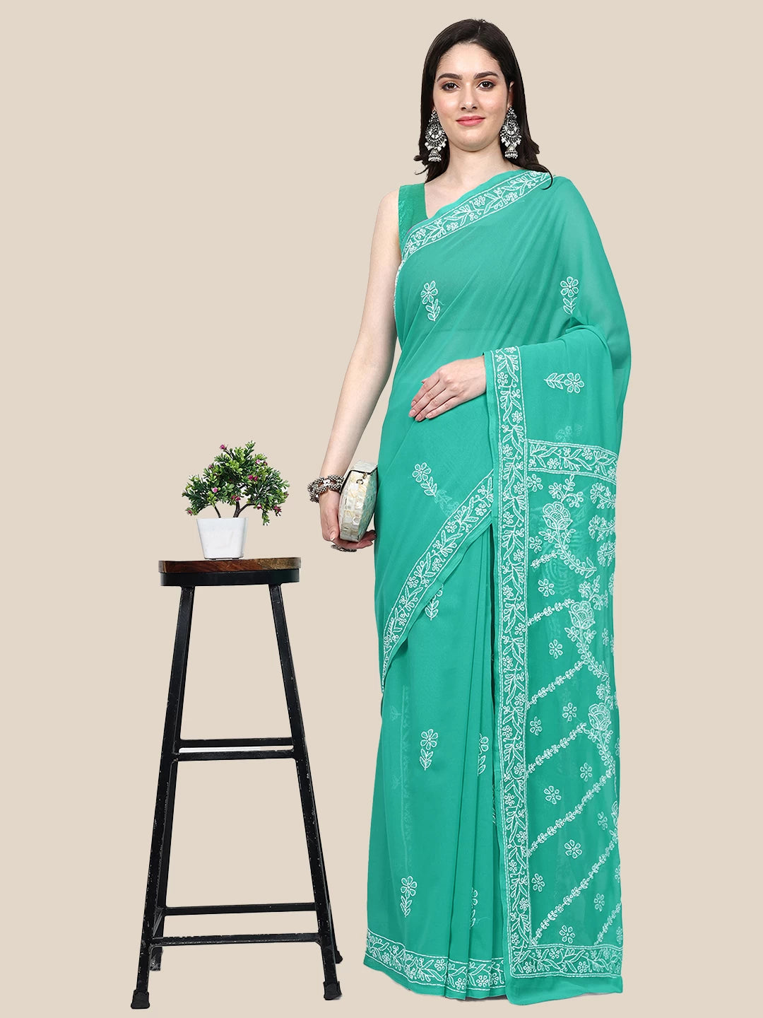Ada Hand Embroidered Green Georgette Lucknowi Chikankari Saree with Blouse A311367