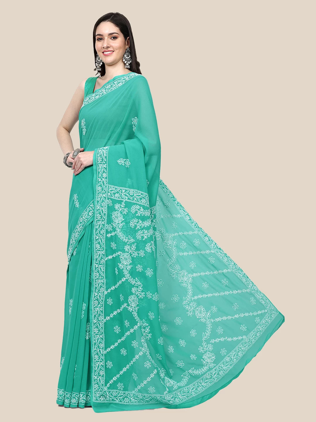 Ada Hand Embroidered Green Georgette Lucknowi Chikankari Saree with Blouse A311367