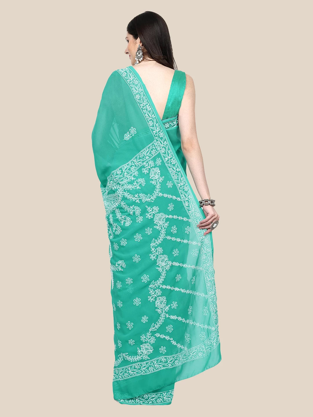 Ada Hand Embroidered Green Georgette Lucknowi Chikankari Saree with Blouse A311367