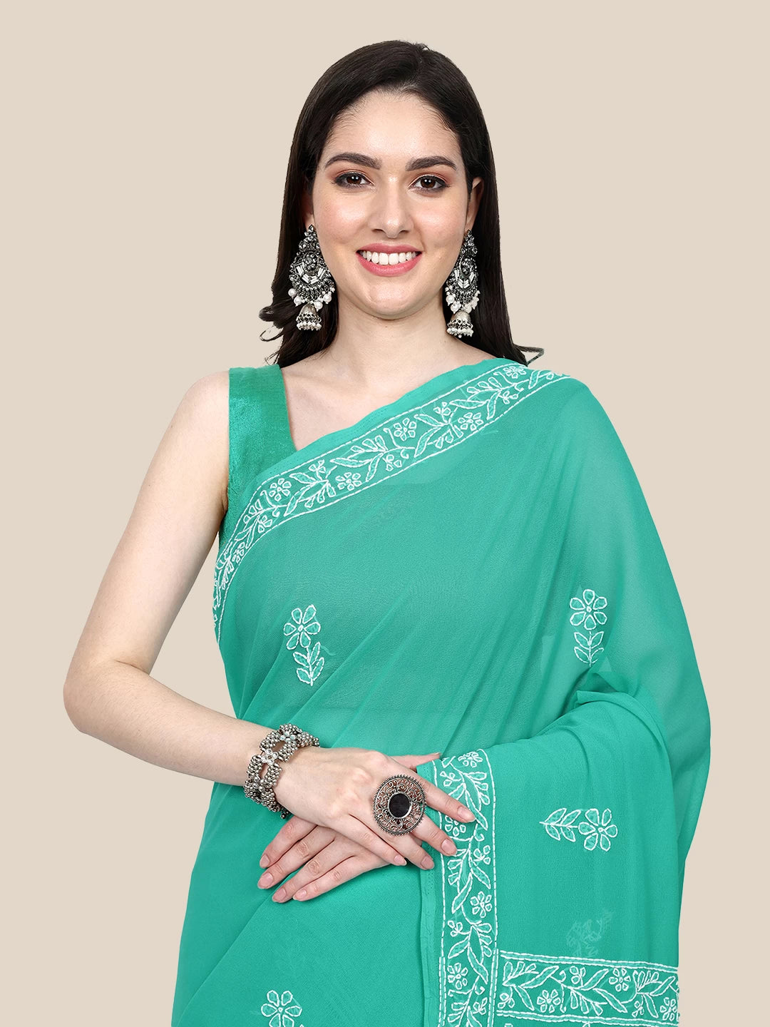Ada Hand Embroidered Green Georgette Lucknowi Chikankari Saree with Blouse A311367