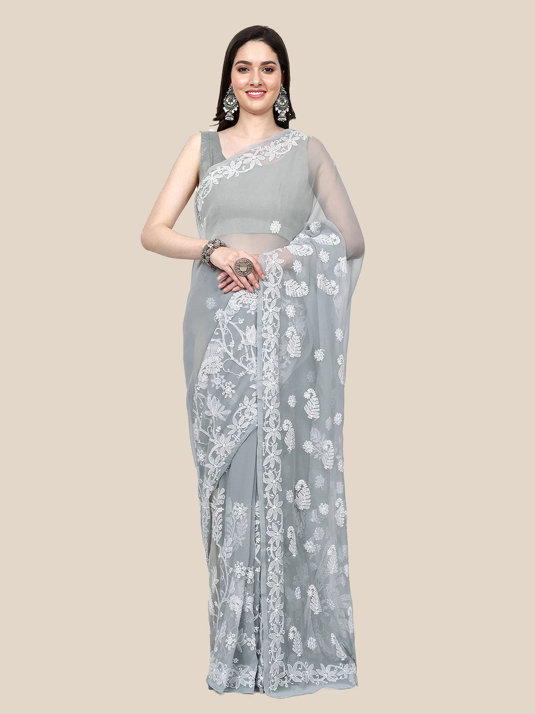 Ada Hand Embroidered Grey Goergette Lucknowi Chikankari Saree With Blouse A311369