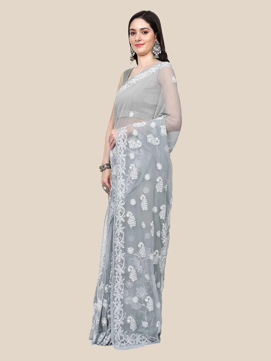 Ada Hand Embroidered Grey Goergette Lucknowi Chikankari Saree With Blouse A311369