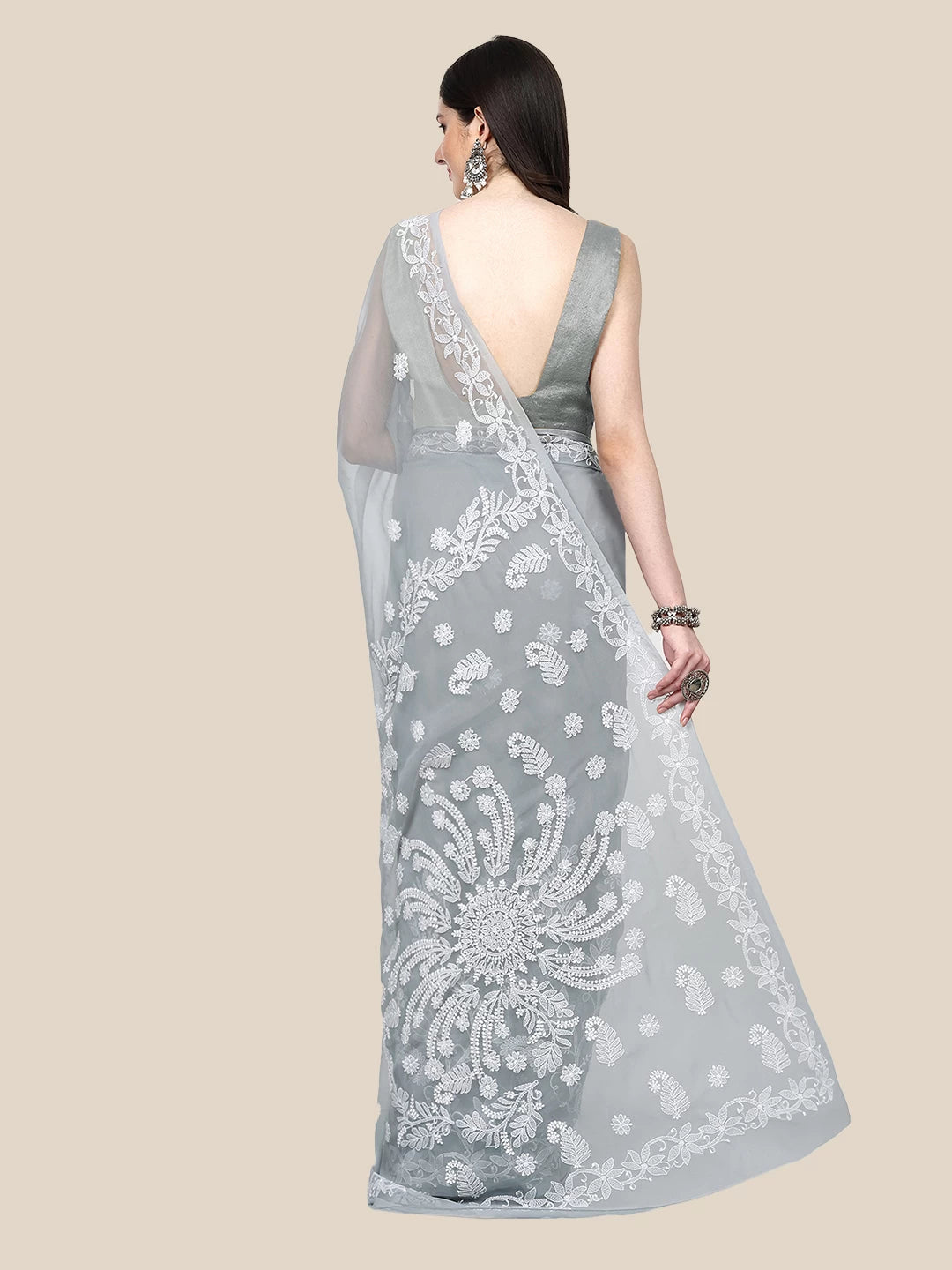 Ada Hand Embroidered Grey Goergette Lucknowi Chikankari Saree With Blouse A311369
