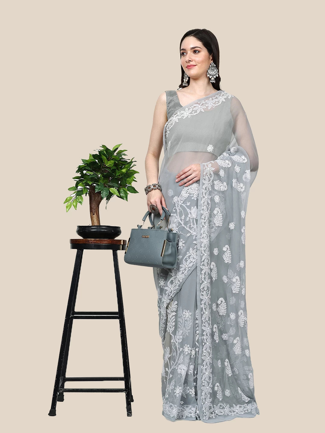 Ada Hand Embroidered Grey Goergette Lucknowi Chikankari Saree With Blouse A311369