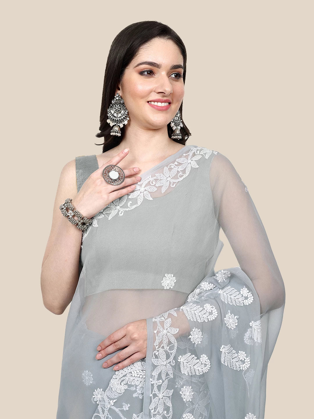 Ada Hand Embroidered Grey Goergette Lucknowi Chikankari Saree With Blouse A311369