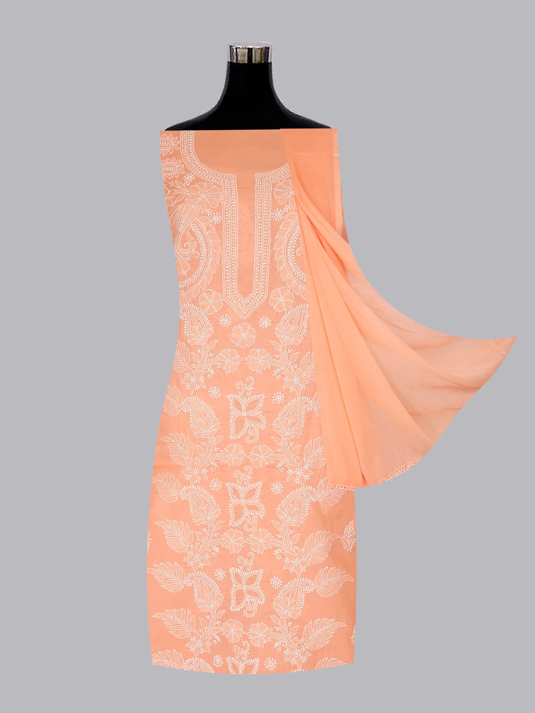 Ada Hand Embroidered Peach Cotton Lucknowi Chikankari Unstitched Suit Piece 01A416140