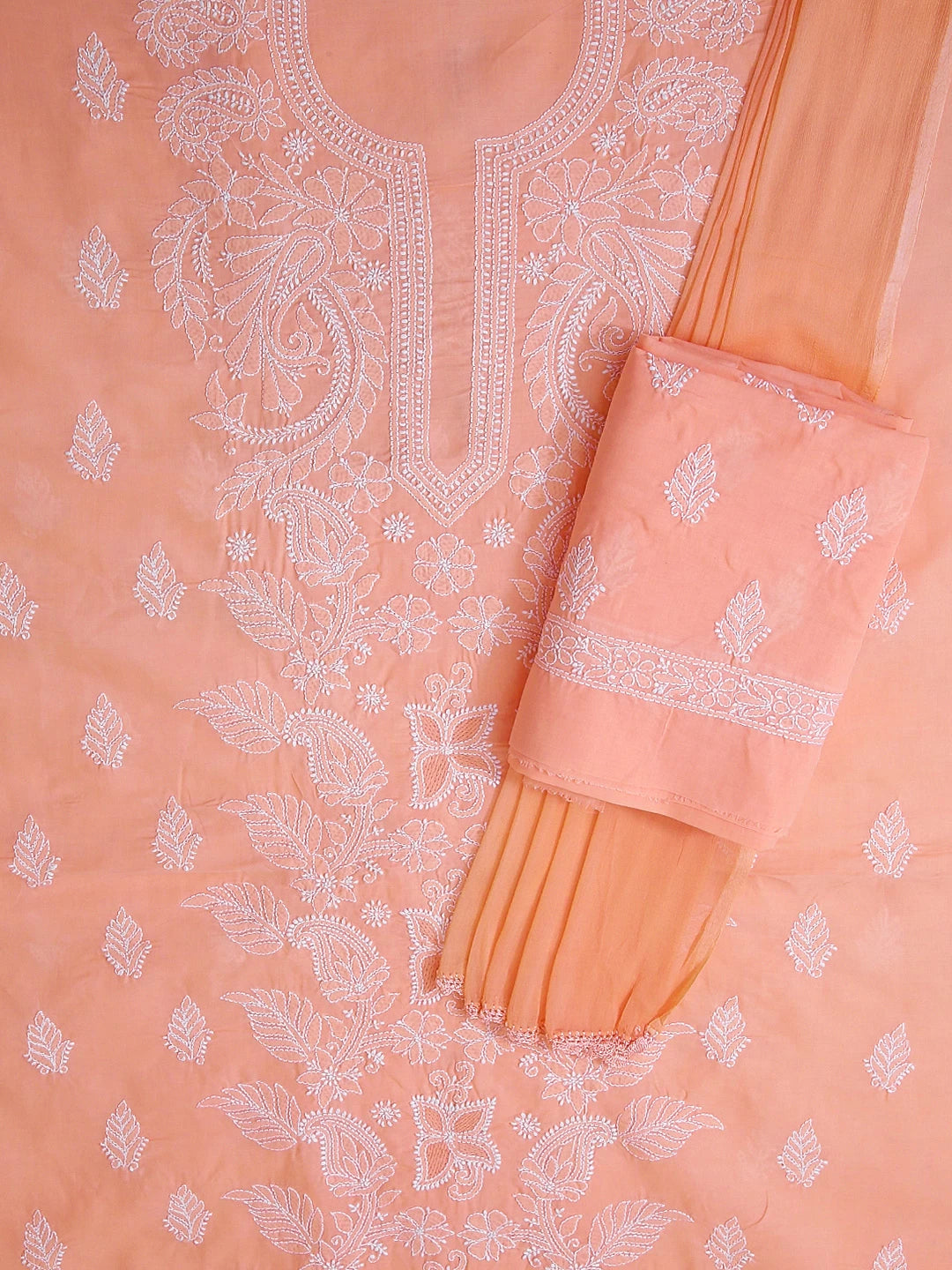 Ada Hand Embroidered Peach Cotton Lucknowi Chikankari Unstitched Suit Piece 01A416140