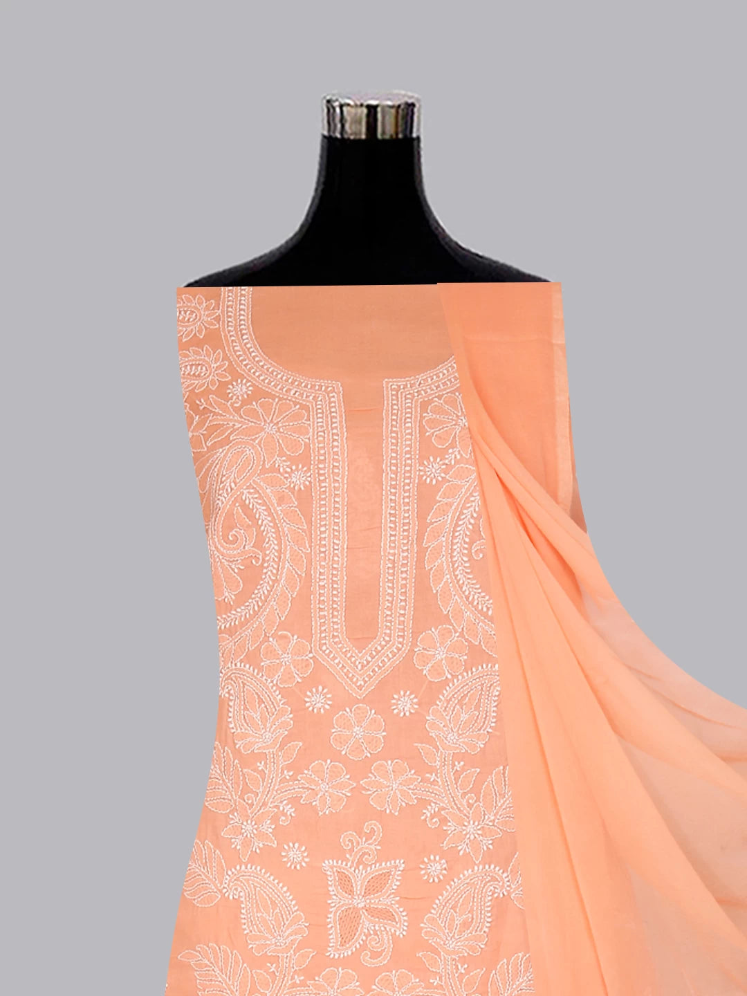 Ada Hand Embroidered Peach Cotton Lucknowi Chikankari Unstitched Suit Piece 01A416140