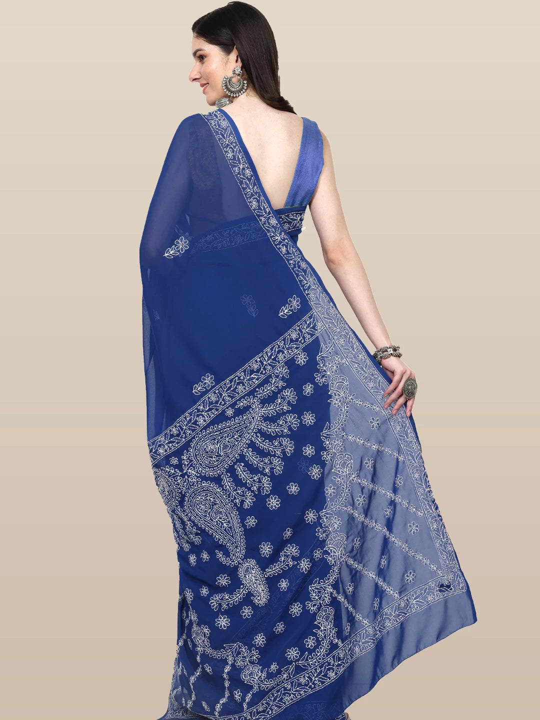 Ada Hand Embroidered Royal Blue Georgette Lucknowi Chikankari Saree with Blouse A311368